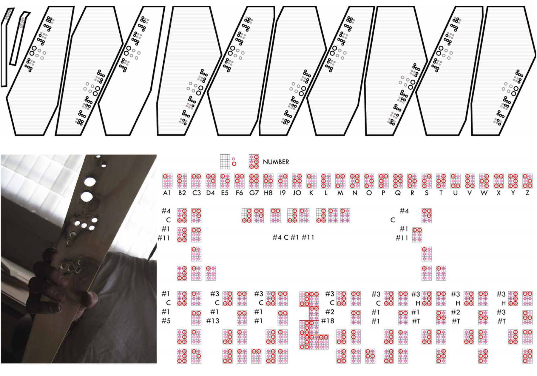 Braille Labeling System: Number and Letter Combinations indicated module and orientation of each CNC-milled fin piece. The cut holes become traveling paths for "blind" bats that can comfortably fit through 2" diameter openings.