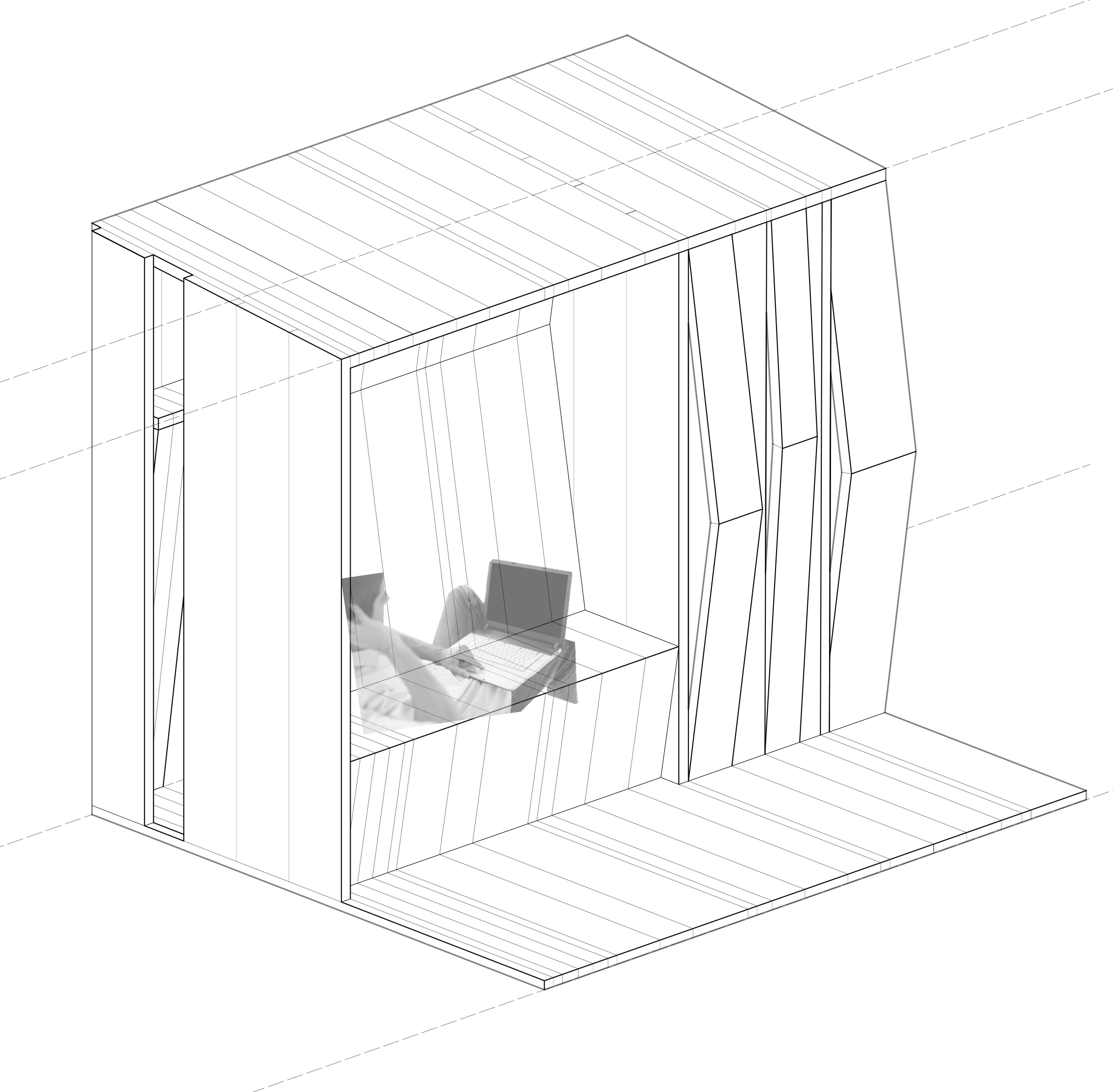 Example 18"x 54" seating cavity for human on south side of wall. Roof at 10 degree slope toward south side Extends horizontally to form deck along pathway