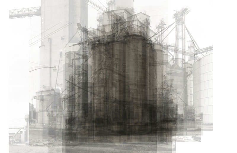  This is every U.S. grain elevator in Bernd and Hilla Becher's photography book of grain elevators that have a more vertical form than horizontal, all over-layed on top of each other. 