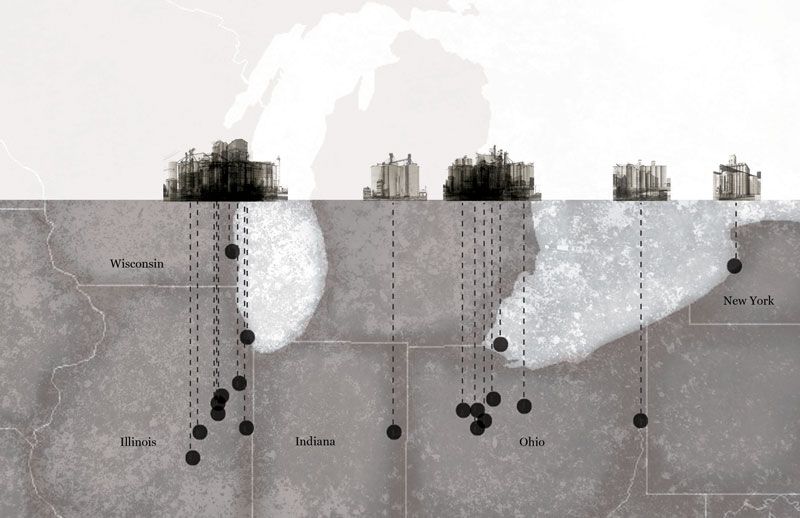  This is a theoretical elevation of the midwest's grain elevators, photographed by the Bechers, showing concentrations in overlays.&nbsp; 