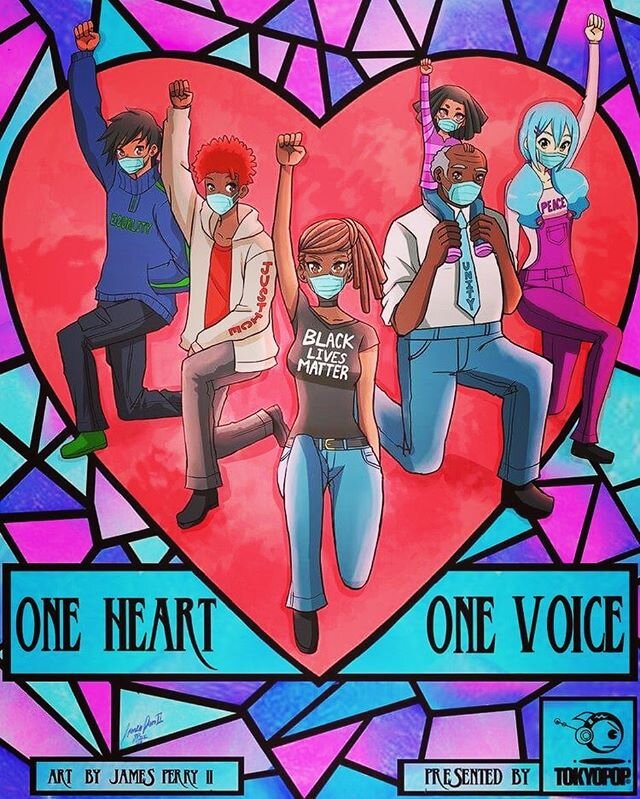 Manga creator James Perry II created this art piece to honor the Black Lives Matter movement and the importance of its message. His imagery reflects peace, unity and togetherness, uplifting voices in the midst of turmoil.
The anime and manga communi