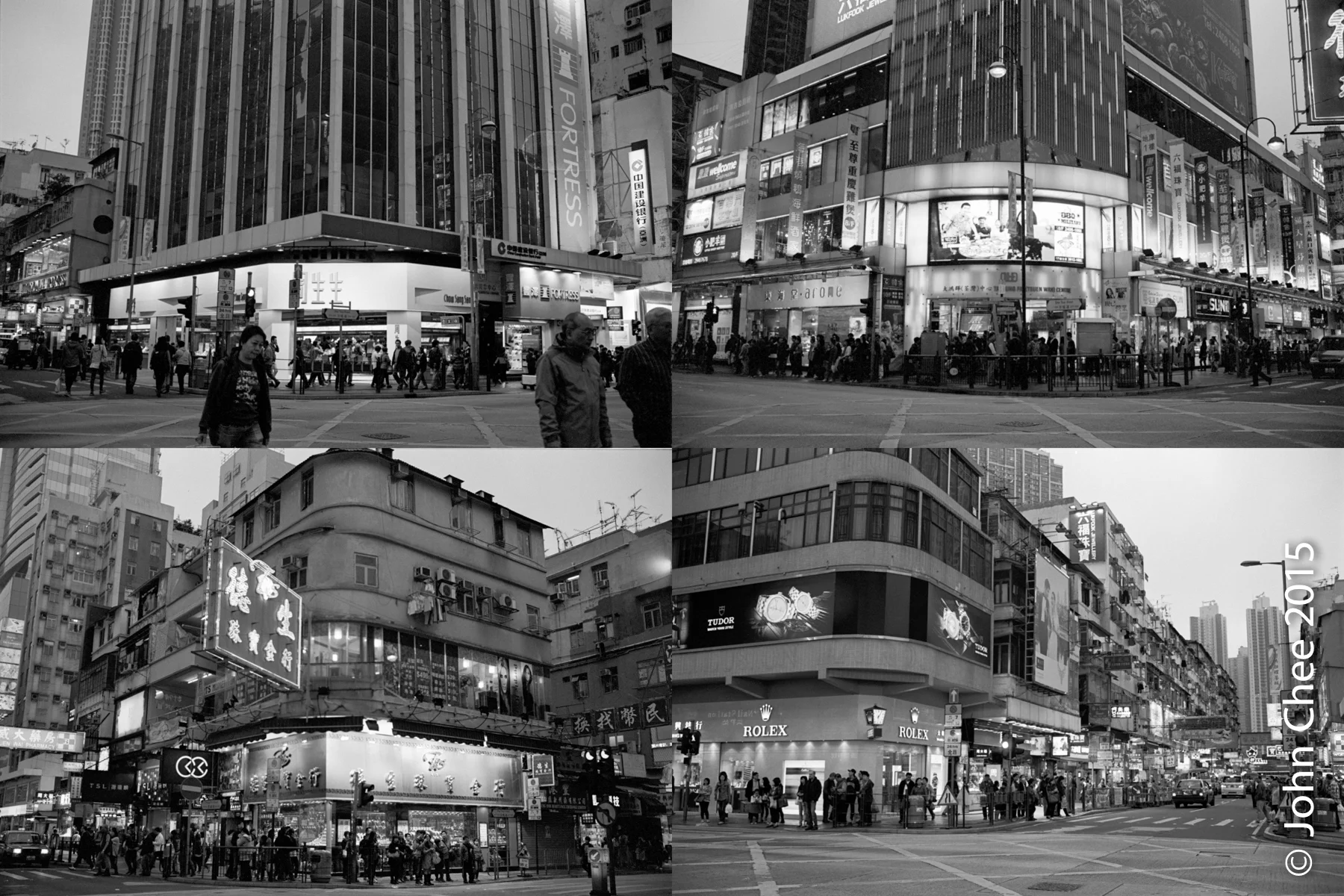 Four corners of a junction in a neighborhood that gets popular among (i.e., flooded with) Chinese tourists. The corner stores are: two jewelry shops, a Rolex specialty shop and a drug store. Independent old neighborhood stores can hardly survive. (Tsuen Wan, Hong Kong)