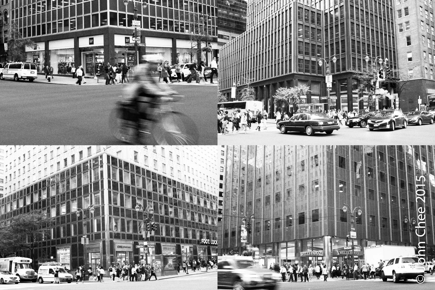 Fours corners of a junction in a business district. The corner stores are: two banks, a drug store and a clothing chain store, Gap. (Midtown, Manhattan, New York)