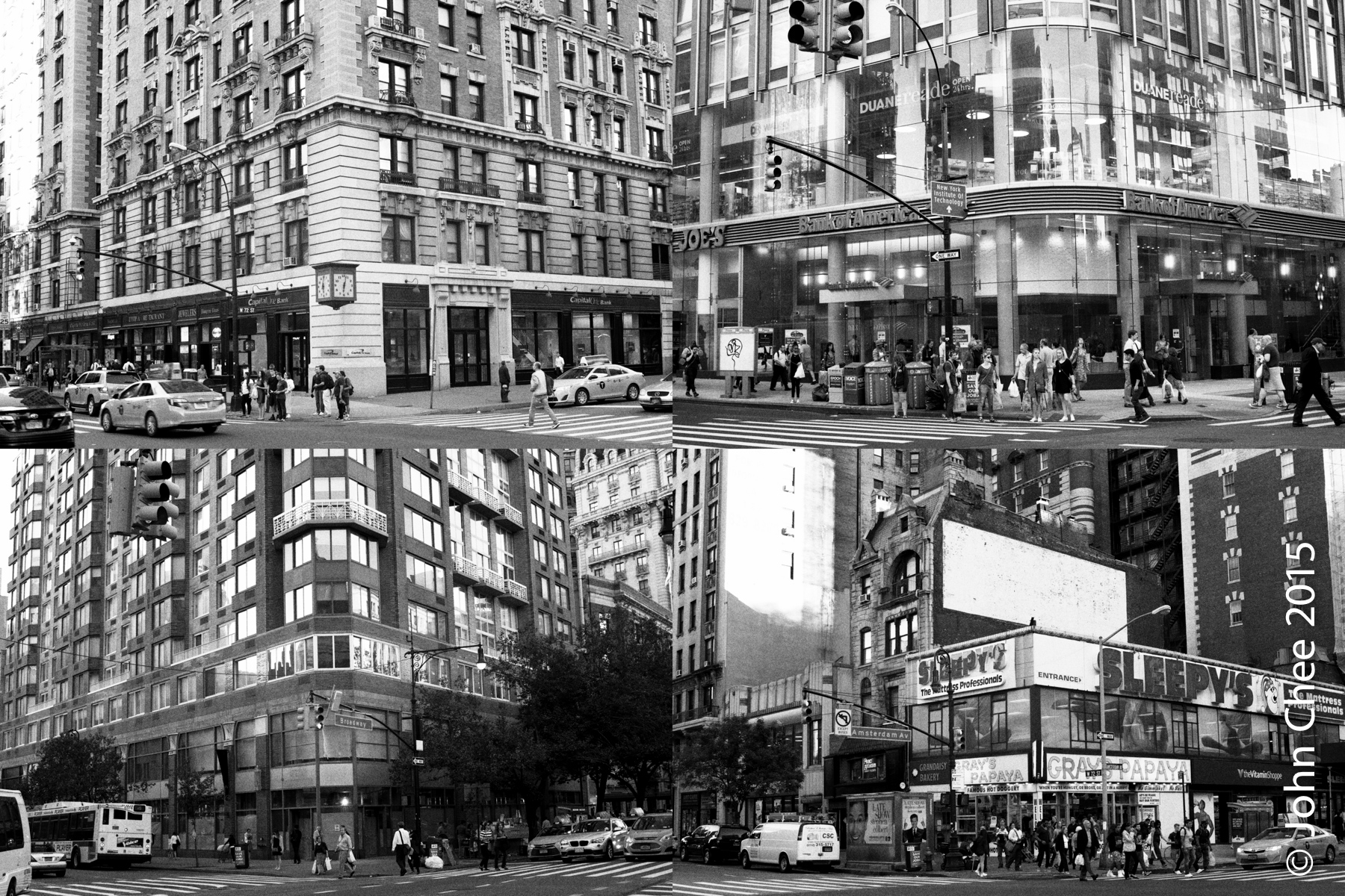 Fours corners of a junction in a neighborhood. The corner stores are: two banks, a hot dog joint, and now closed clothing chain store, Urban Outfitter. The lot is taken by a bigger chain, Bloomingdale's (Upper West Side, Manhattan, New York)