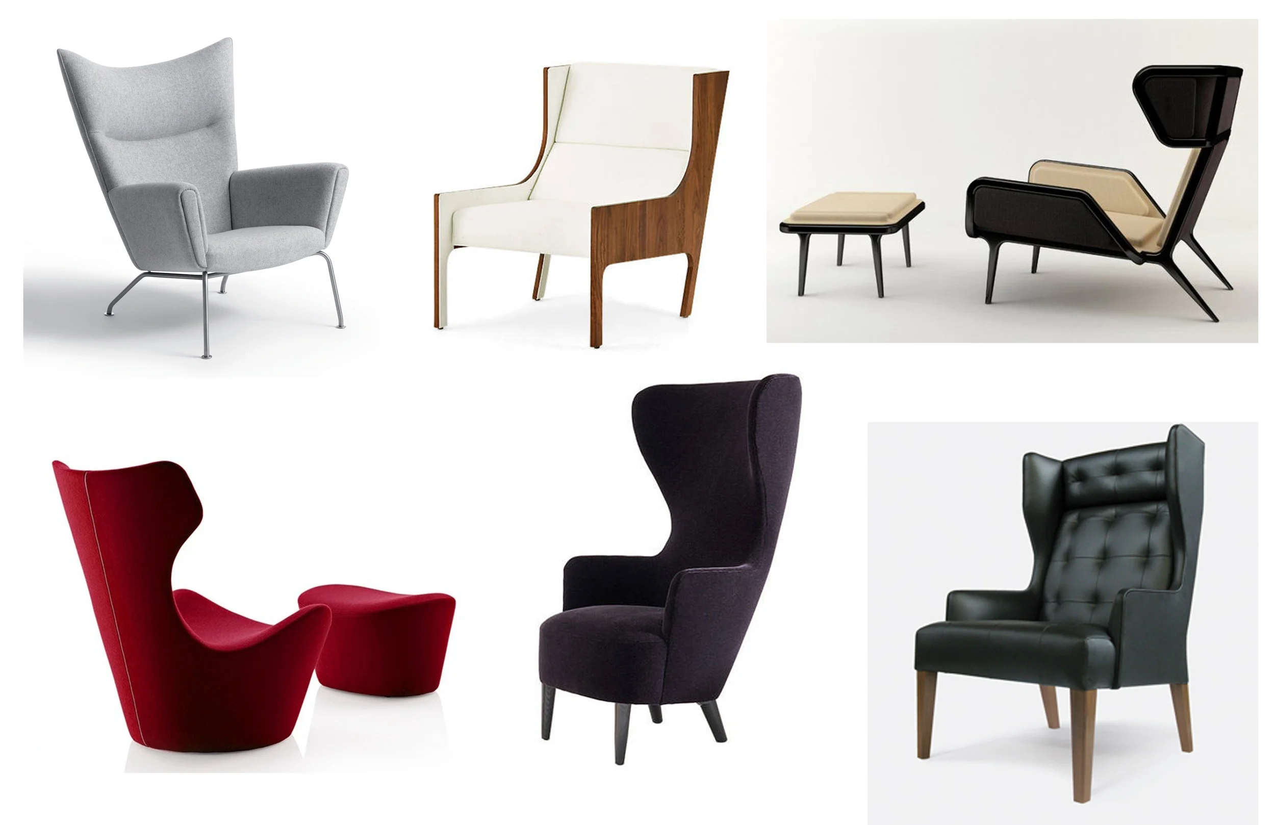 Top Row: Wing Chair by Carl Hansen & Son, Bergere Armchair by Autoban, Veronica Chair by Cate and Nelson Bottom Row: Grande Papilio by B&B Italia, Wingback Chair by Tom Dixon, Norton Wing Chair by James UK