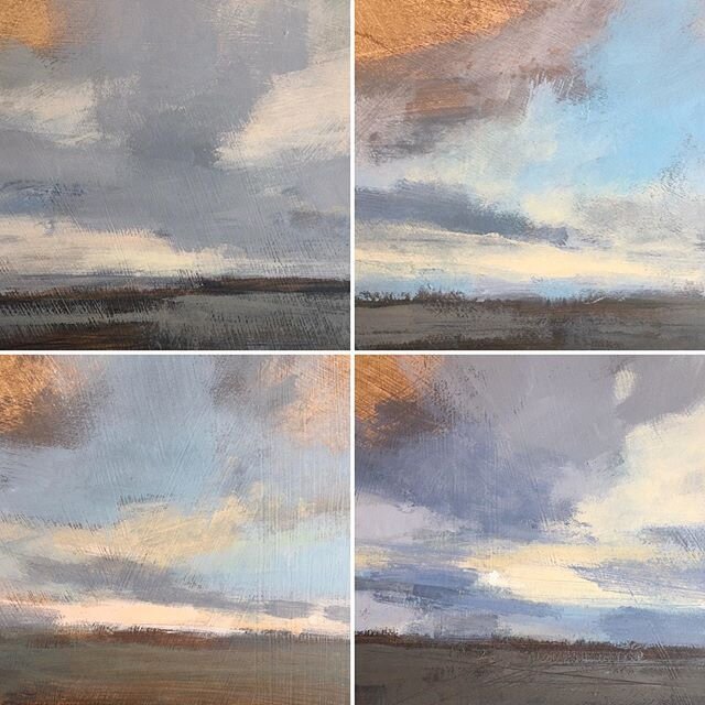 Four little plein-air sky studies from the North Downs, all acrylic on board - 14x14cm &pound;100 (P&amp;P inc UK) for #artistsupportpledge as started by @matthewburrowsstudio 
Please DM for further details, thank you.. .

#artsupportpledge #artistss