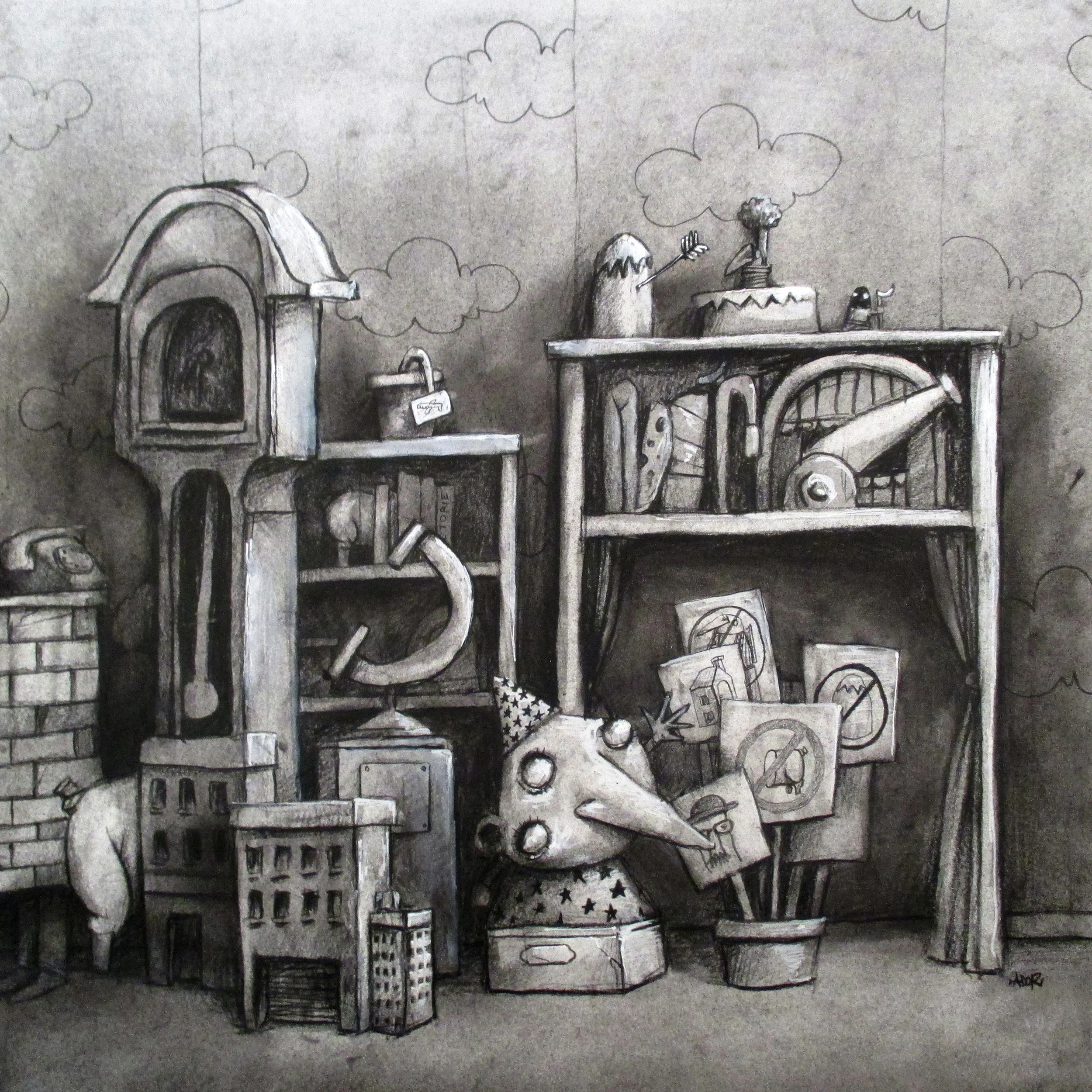 "Défilé", graphite on paper, 14" x 14"