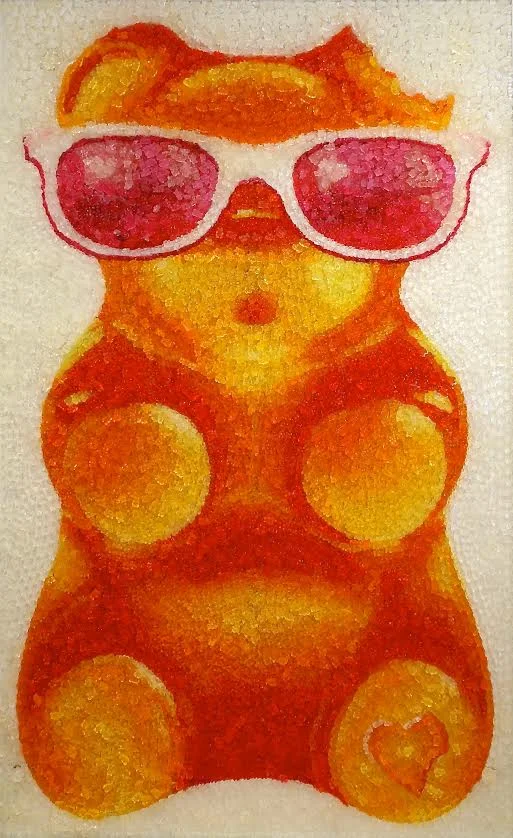 “GummiKing” 70" x 44" x 1" 15,000+ hand cast acrylic gummy bears.