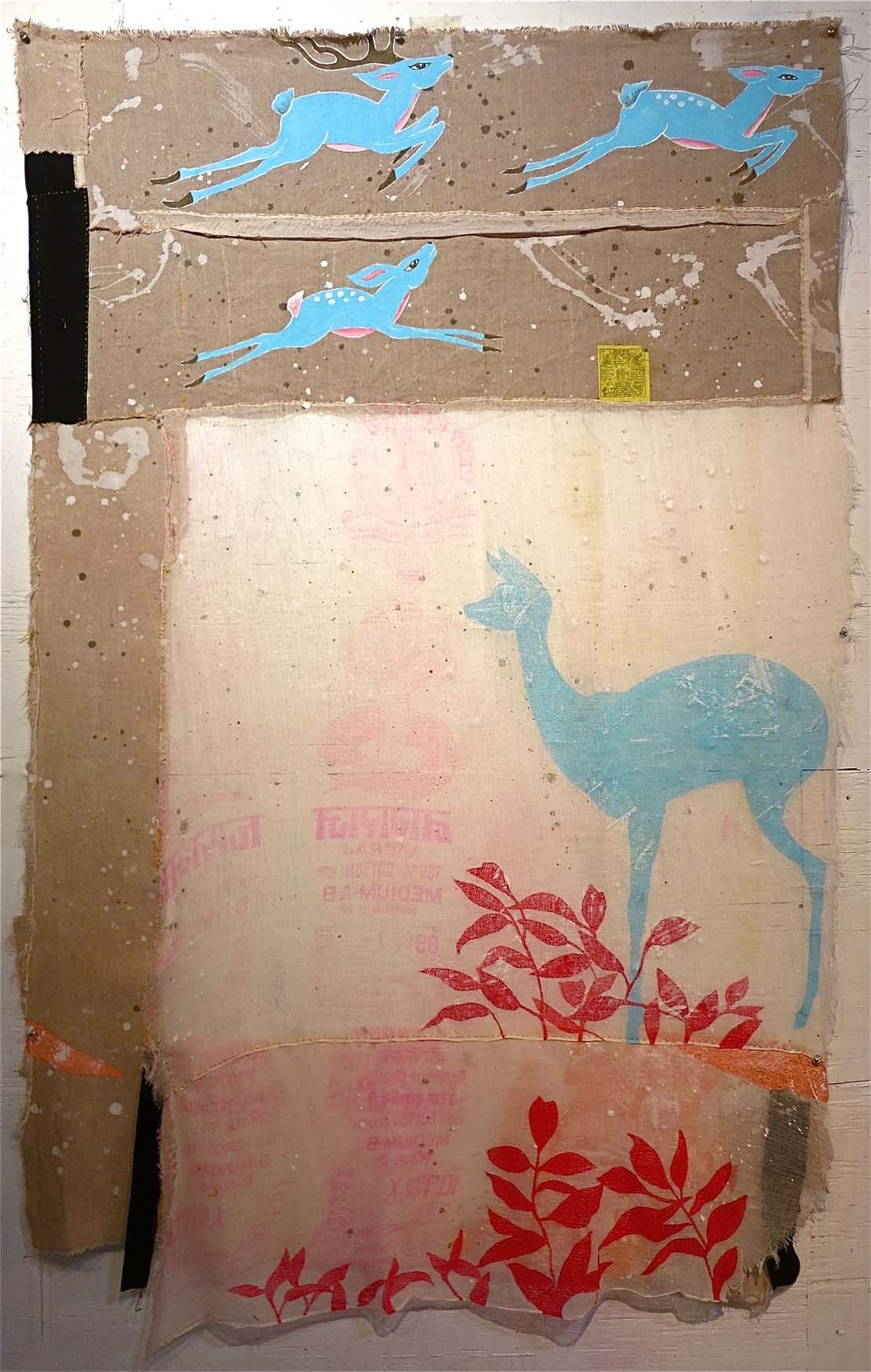Blue Chip - Acrylic, embroidery, pigment, on linen, Indian - 65" x 38"