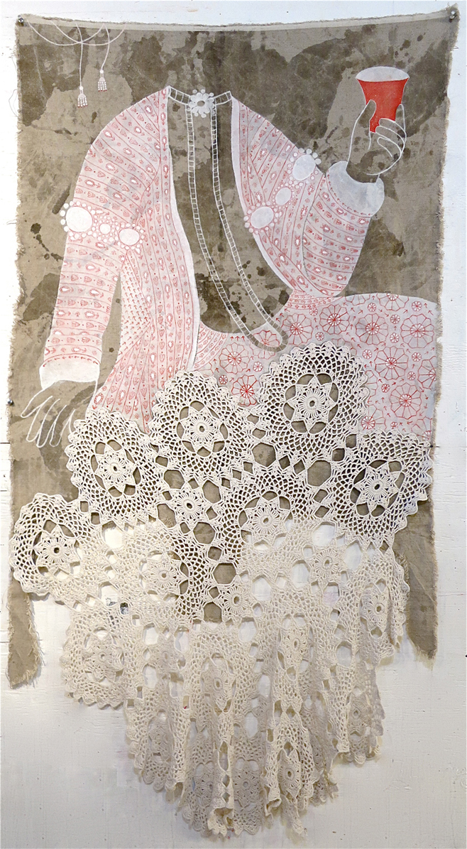 Happy hour - Gesso, Acrylic, pencil, vintage embroidery on linen - 63" x 38"