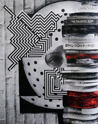 "As Tourists and Terrorists", 30”x 4”x 4" Collage, paper and paint on wood