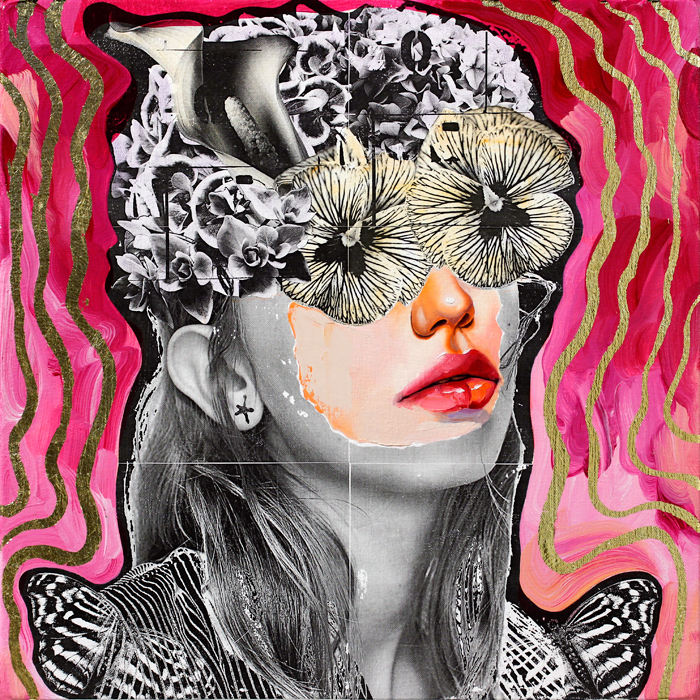 Strip Factory , oil, acrylic, gold leaf, and transfer print on canvas, 18 x 18 in.