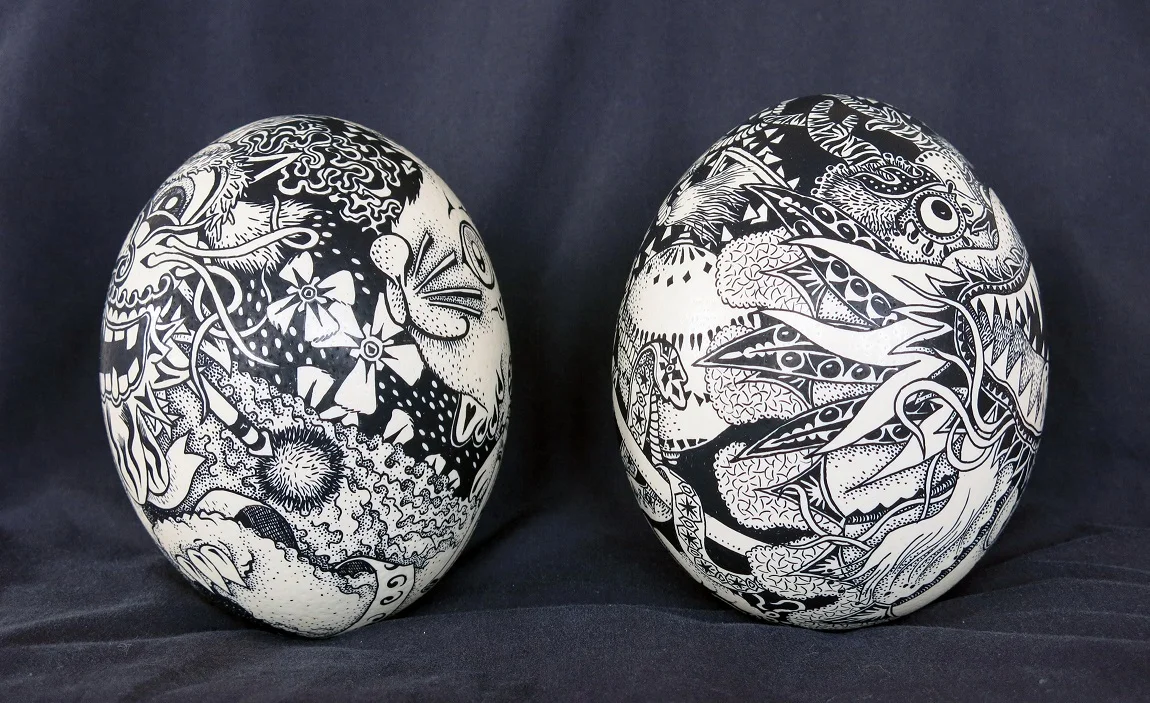 Posca marker on real ostrich eggs - Chinese rabbit and Chinese dragon series
