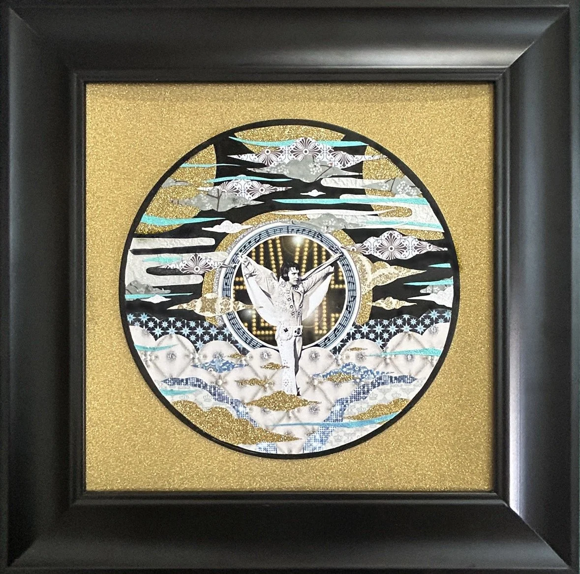 A Hunk of Burning Love, 12x12, collage on vinyl record