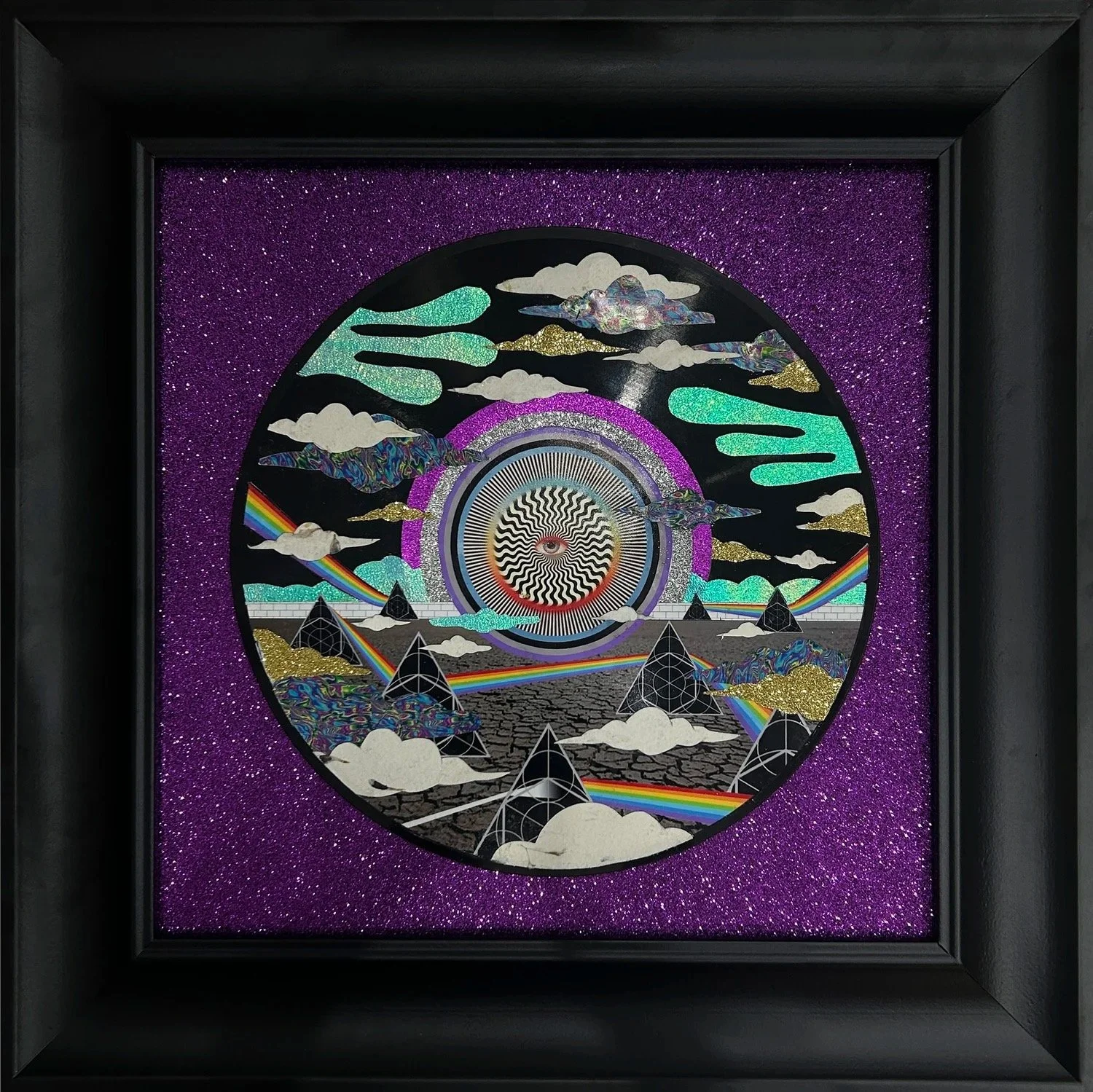 Wish You Were Here, 12x12, collage on vinyl record