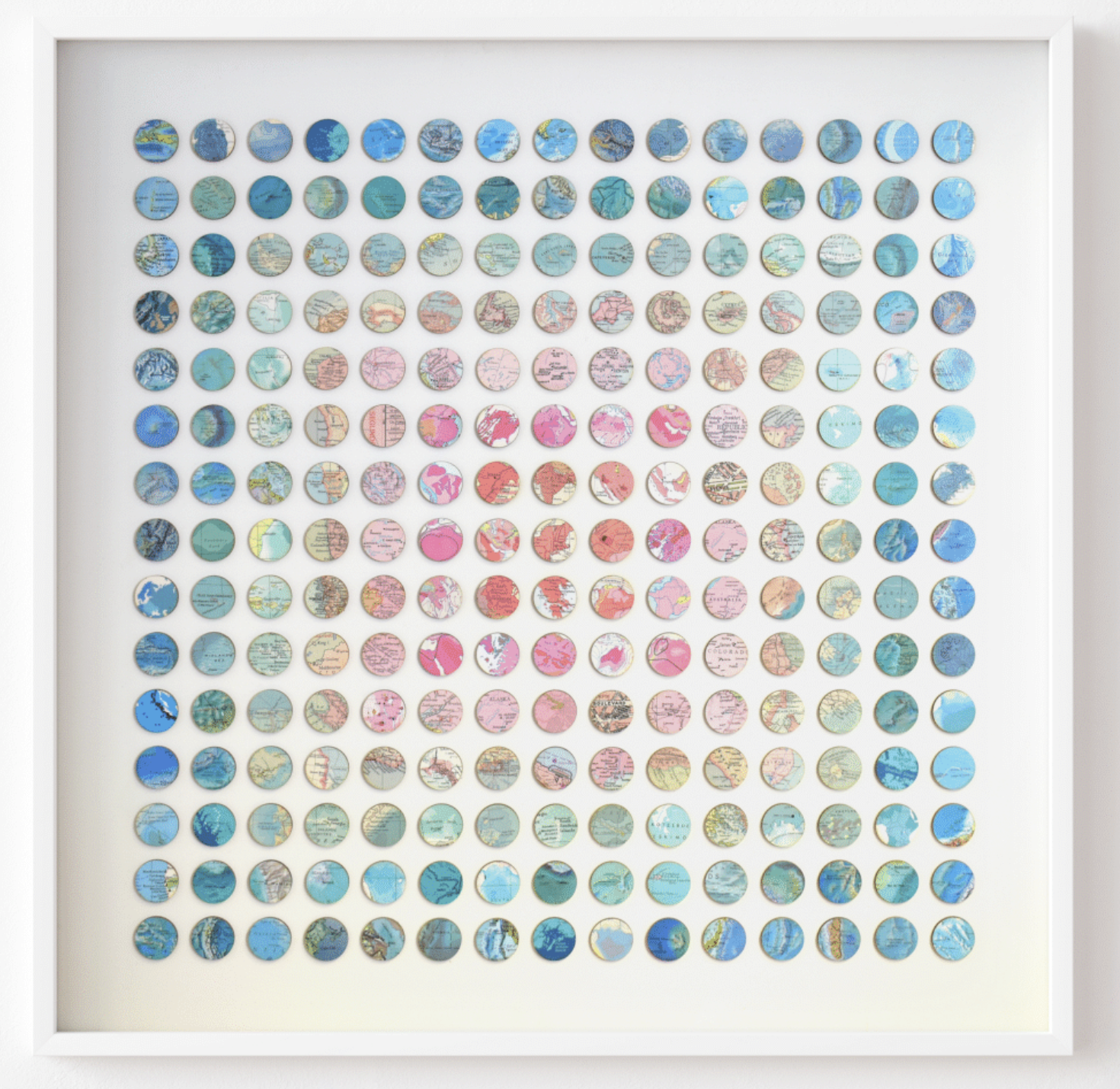 Azure Blush, 29.5"x29.5", vintage maps on birch wood mounted on paper