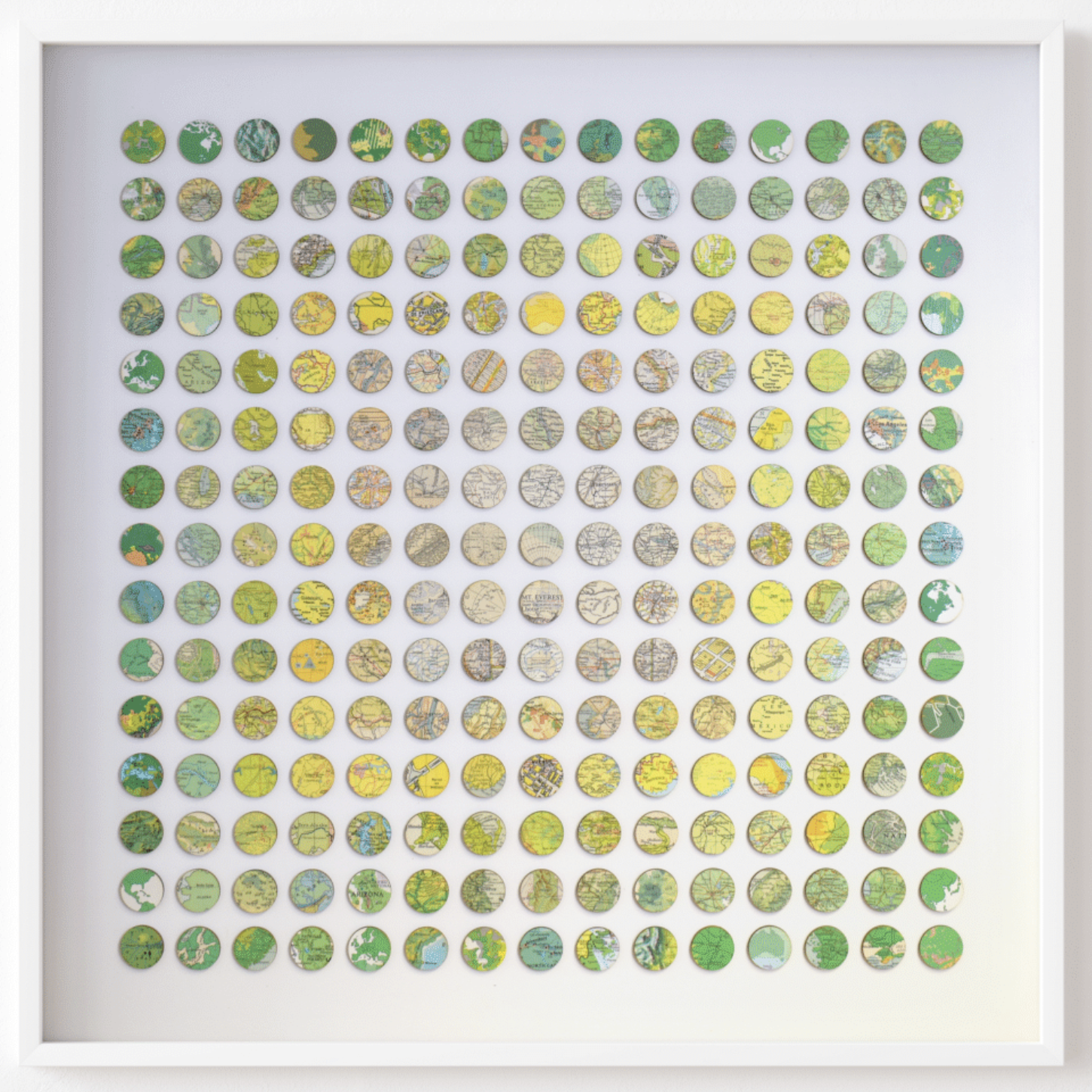 Emerald Lime, 29.5"x29.5", vintage maps on birch wood mounted on paper