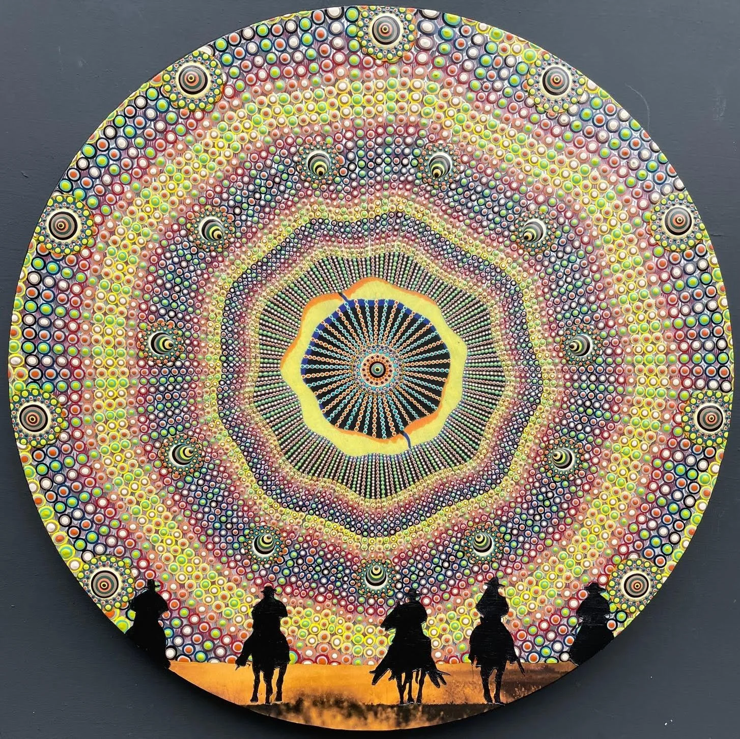 Where Have All The Cowboys Gone? #8, 18" diameter, house paint and collage on panel