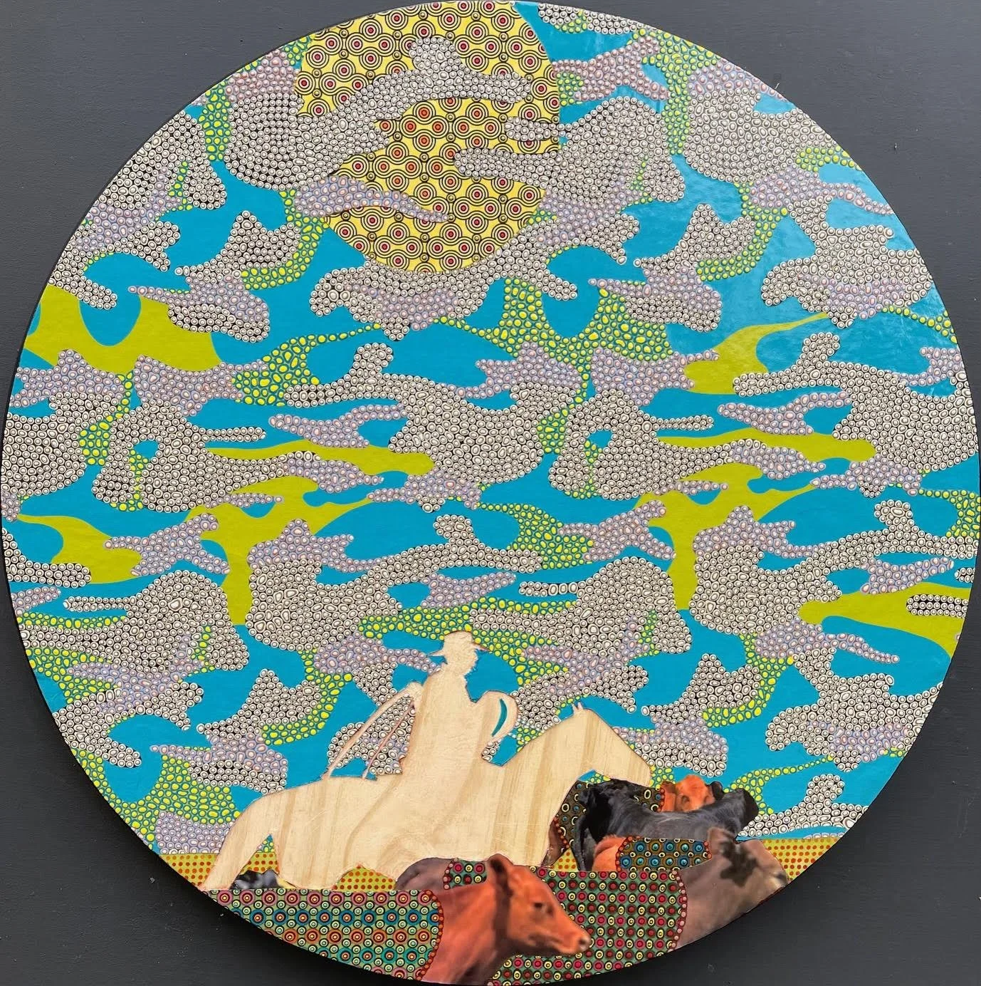 Where Have All The Cowboys Gone? #4, 18" diameter, house paint and collage on panel
