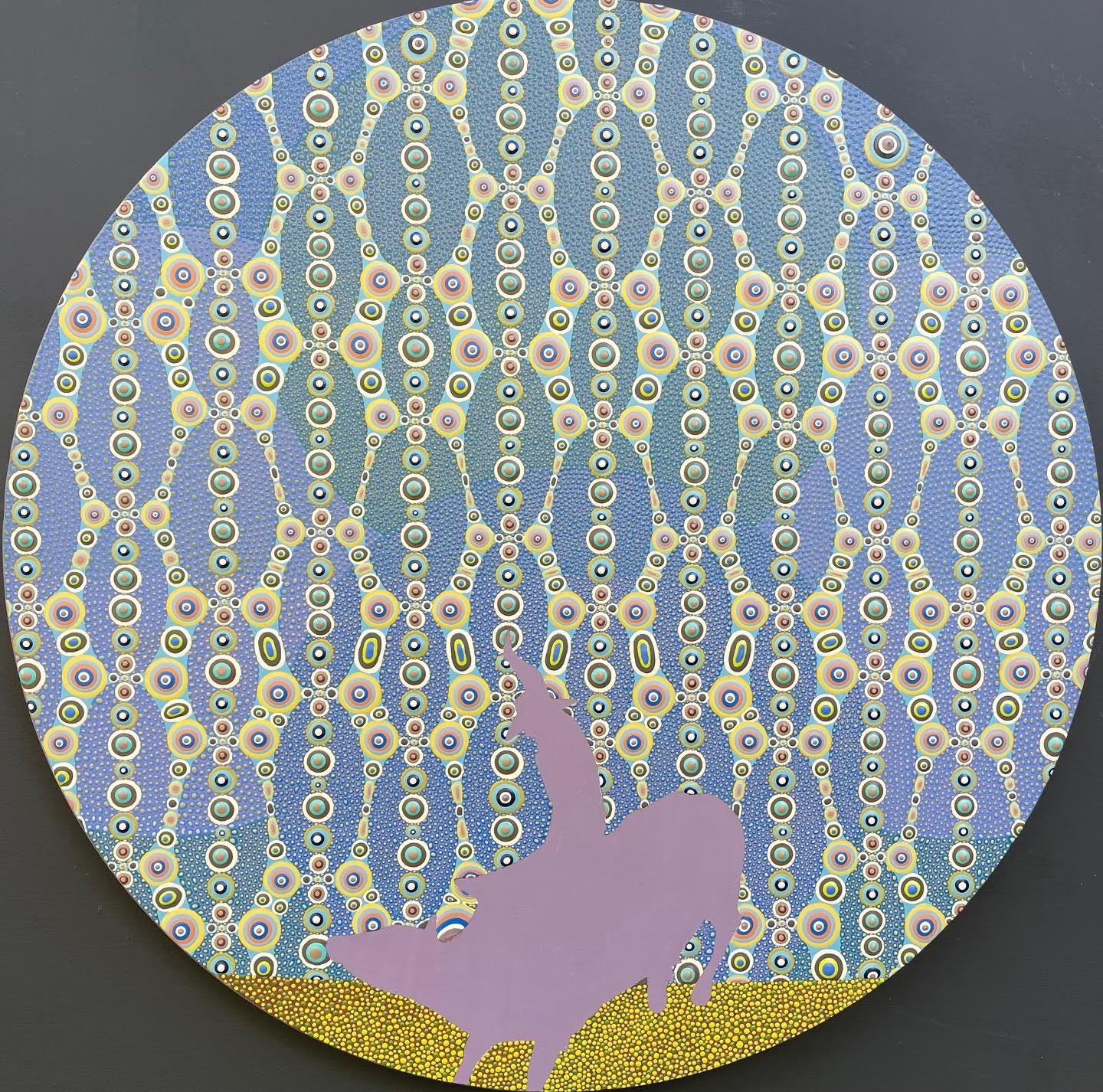 Where Have All The Cowboys Gone? #1, 24" diameter, house paint and collage on panel