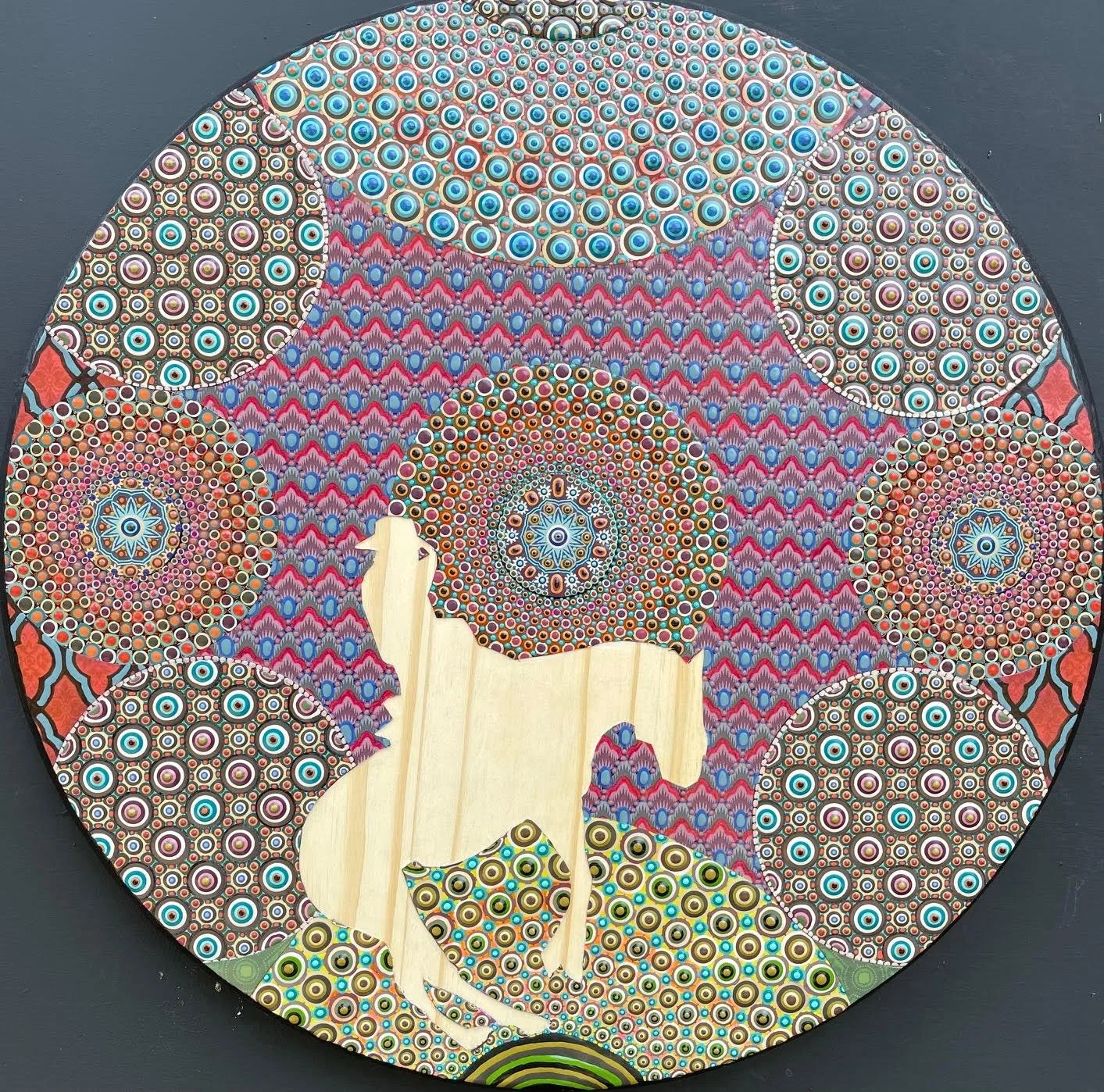 Where Have All The Cowboys Gone? #2, 18" diameter, house paint and collage on panel