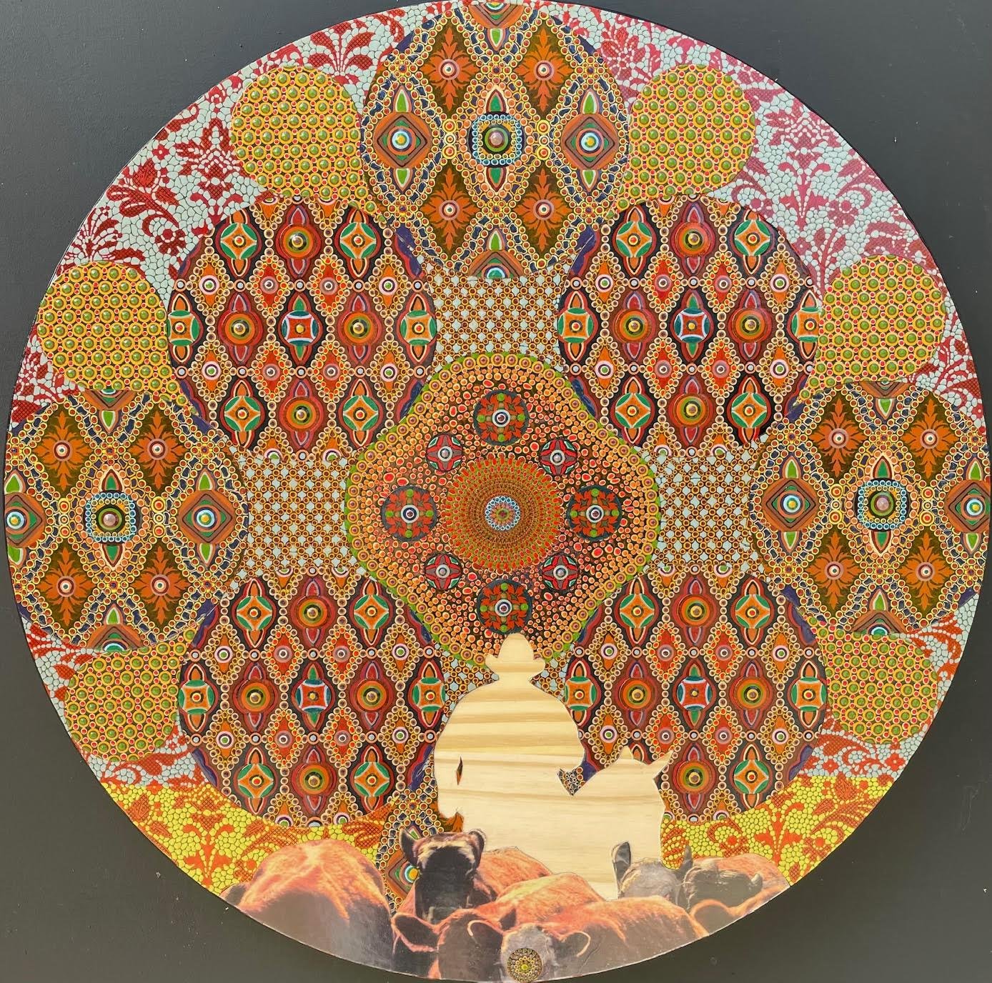 Where Have All The Cowboys Gone? #5, 18" diameter, house paint and collage on panel