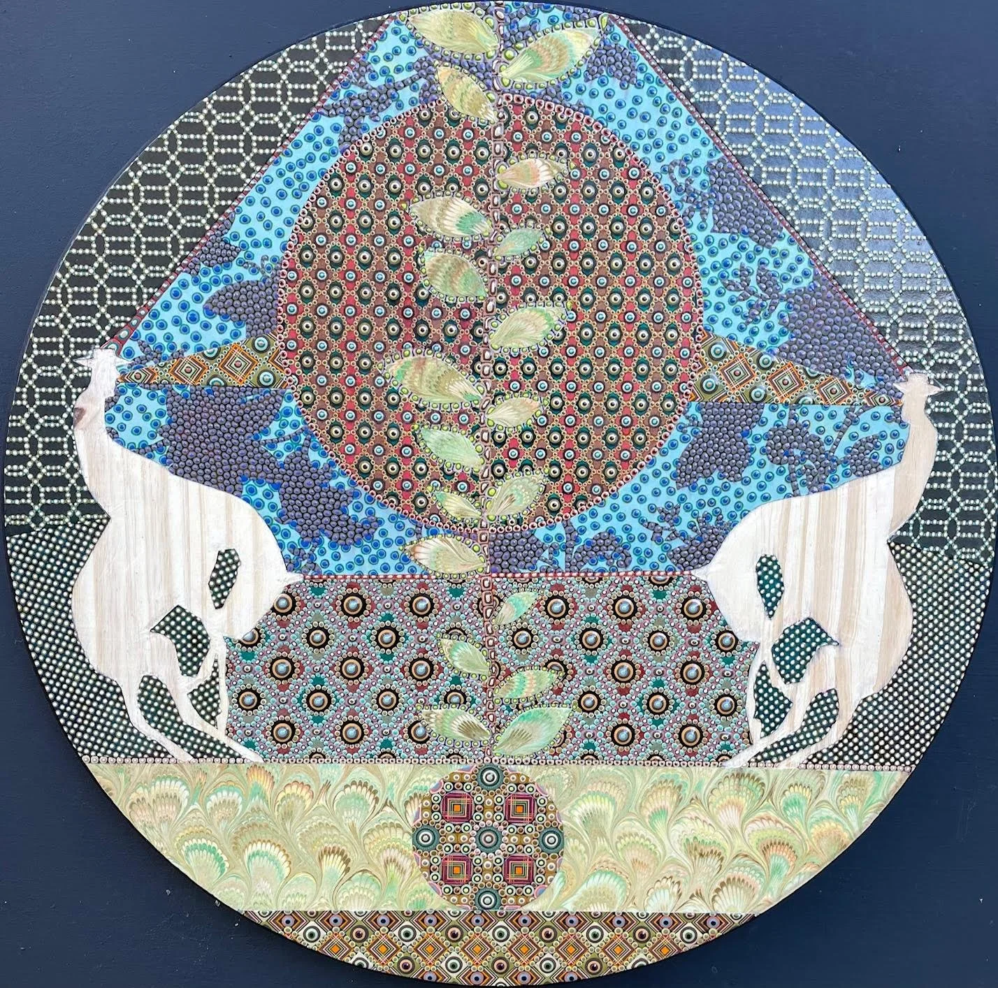 Where Have All The Cowboys Gone? #6, 18" diameter, house paint and collage on panel