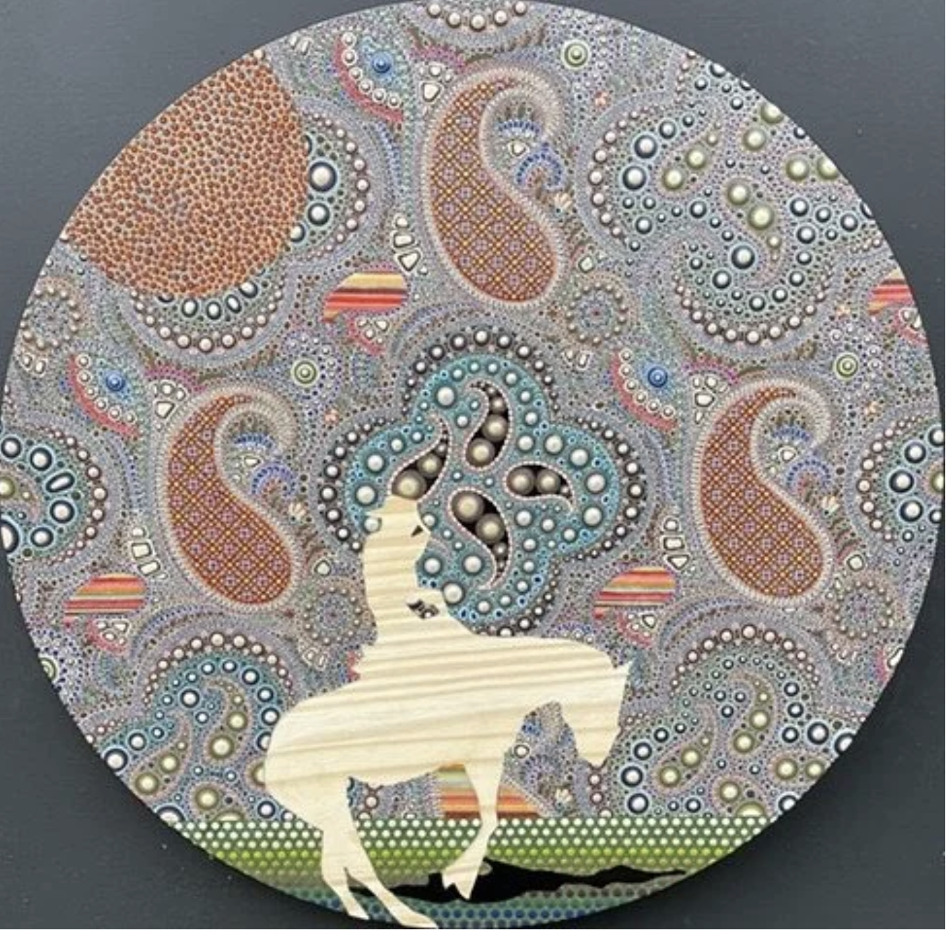 Where Have All The Cowboys Gone? 18" diameter, house paint and collage on panel
