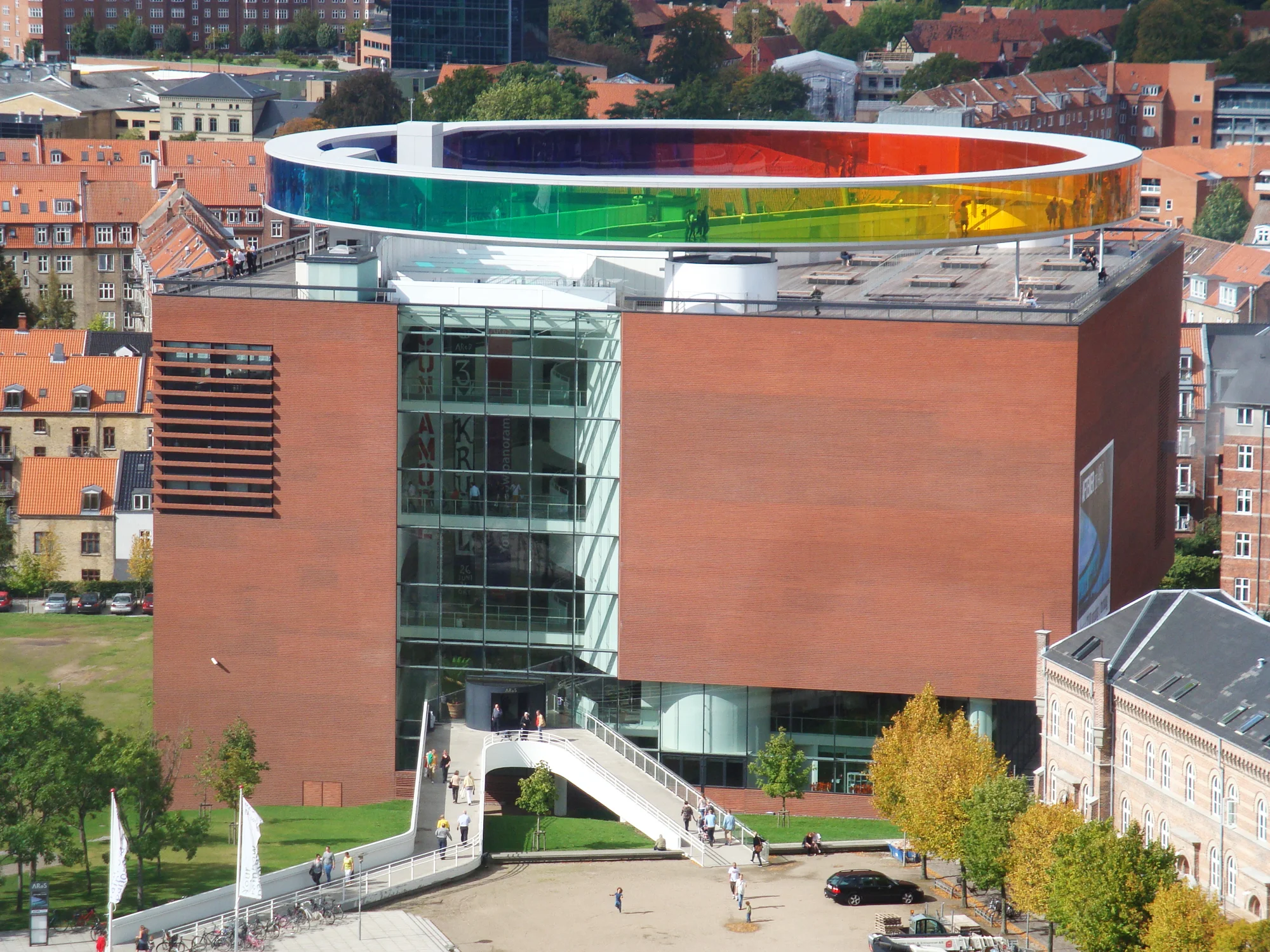 View of the AROS museum from the top of Arne Jacobsens's town hall in Aarhus