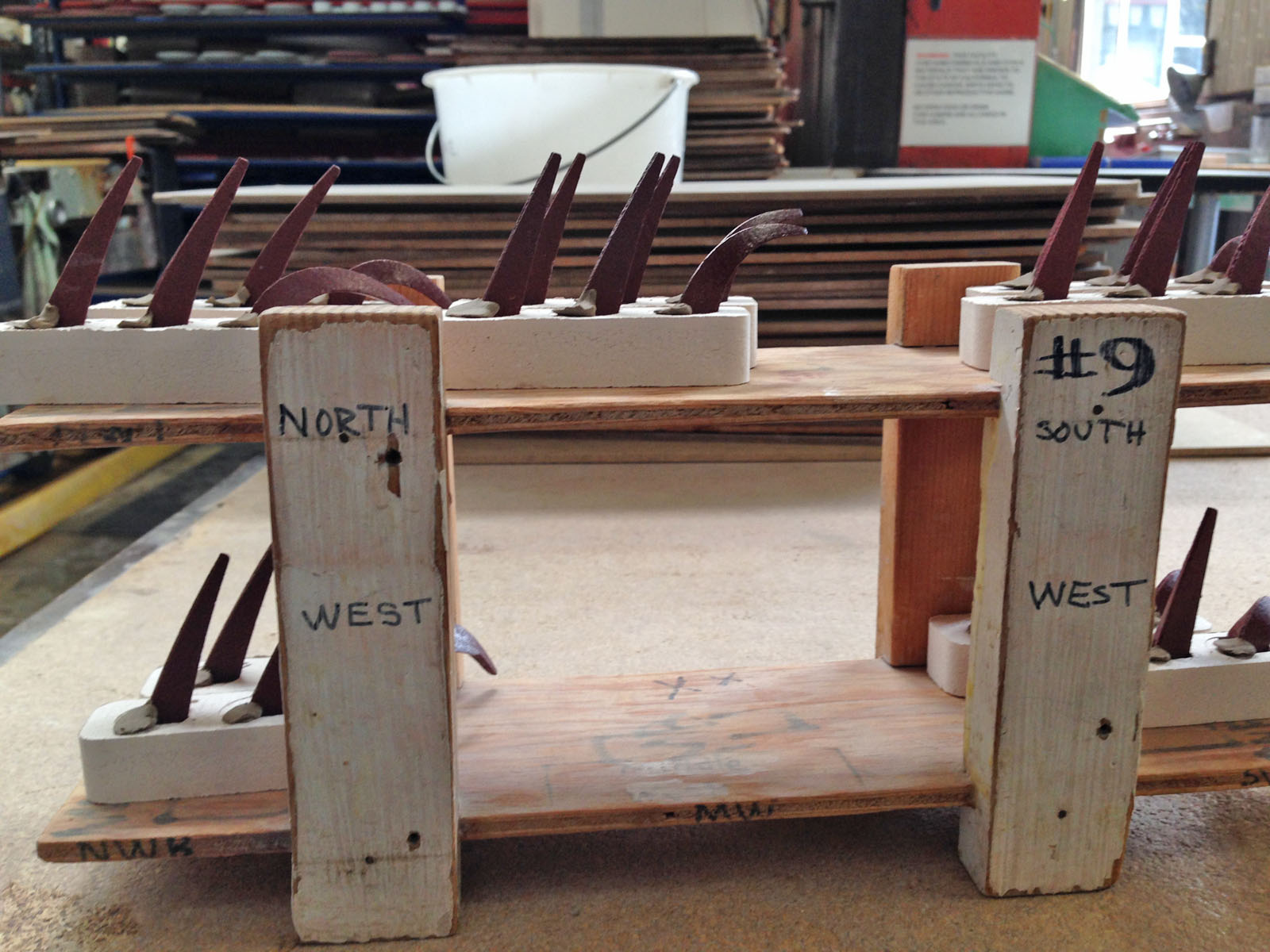 Pyrometric cones used to test the kiln's temperature. The ceramics are fired to cone 2 (2100 F)