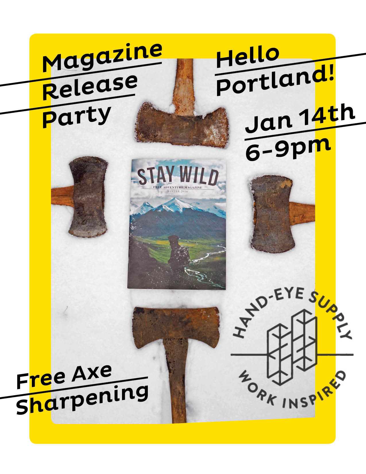 Heyo Portland! Come party with us at Hand Eye Supply (427 NW Broadway) and get your axe sharpened! No joke, Sato sharpening will be there doing it right. Drinks by Brew Dr. kombucha and some sort of booze for you drinky animals!