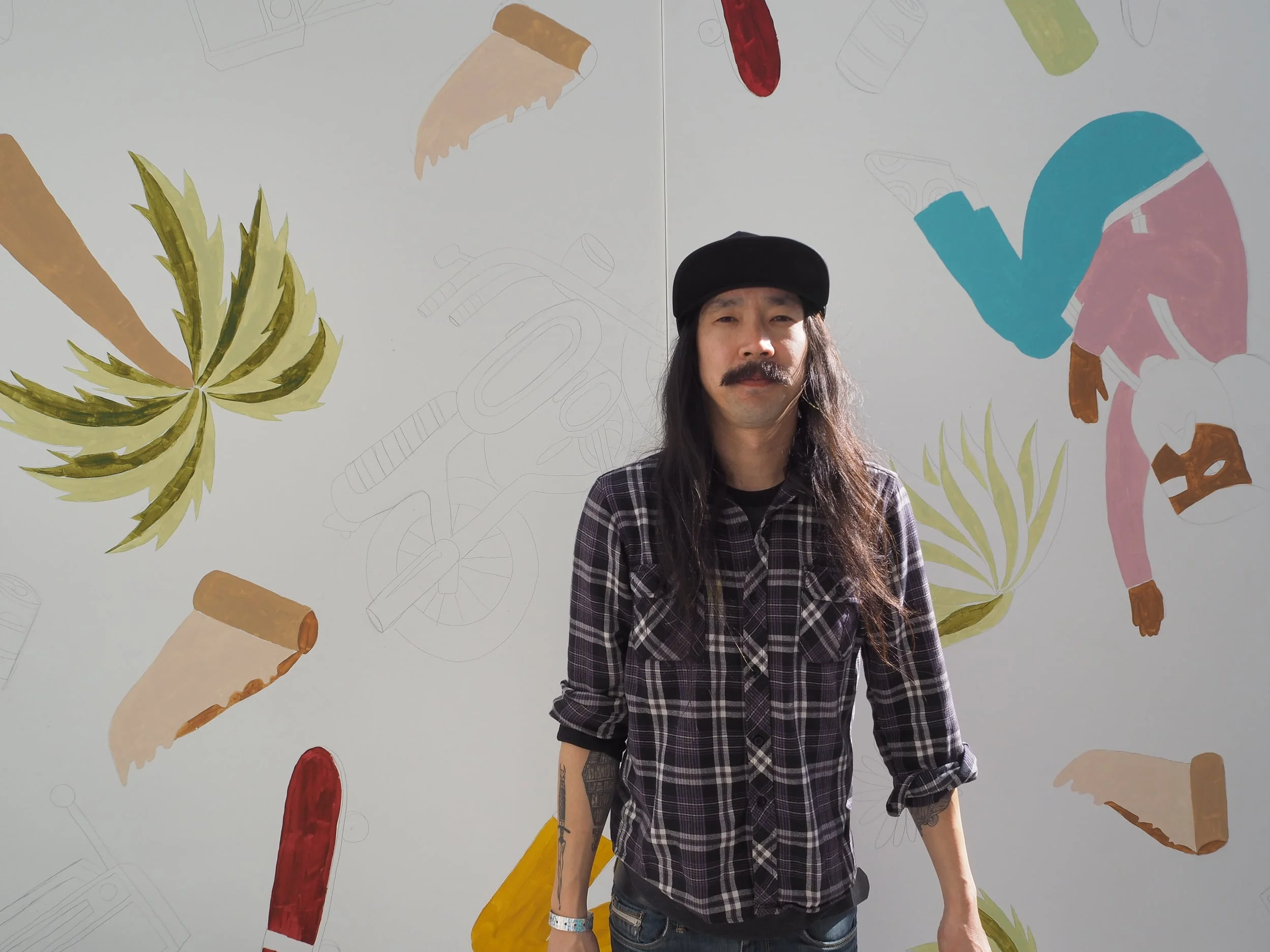 Wet Paint: Michael C. Hsiung was there painting a mural for Society 6 . He hooked me up with a zine full of his epic art called “Beasts & Bongs” (you can win it from the contest at the bottom of this post). There was also wet paint being slung by Ornamental Conifer in the Deus ex Machina booth and another sign painter whose name I don’t know at Von Dutch .