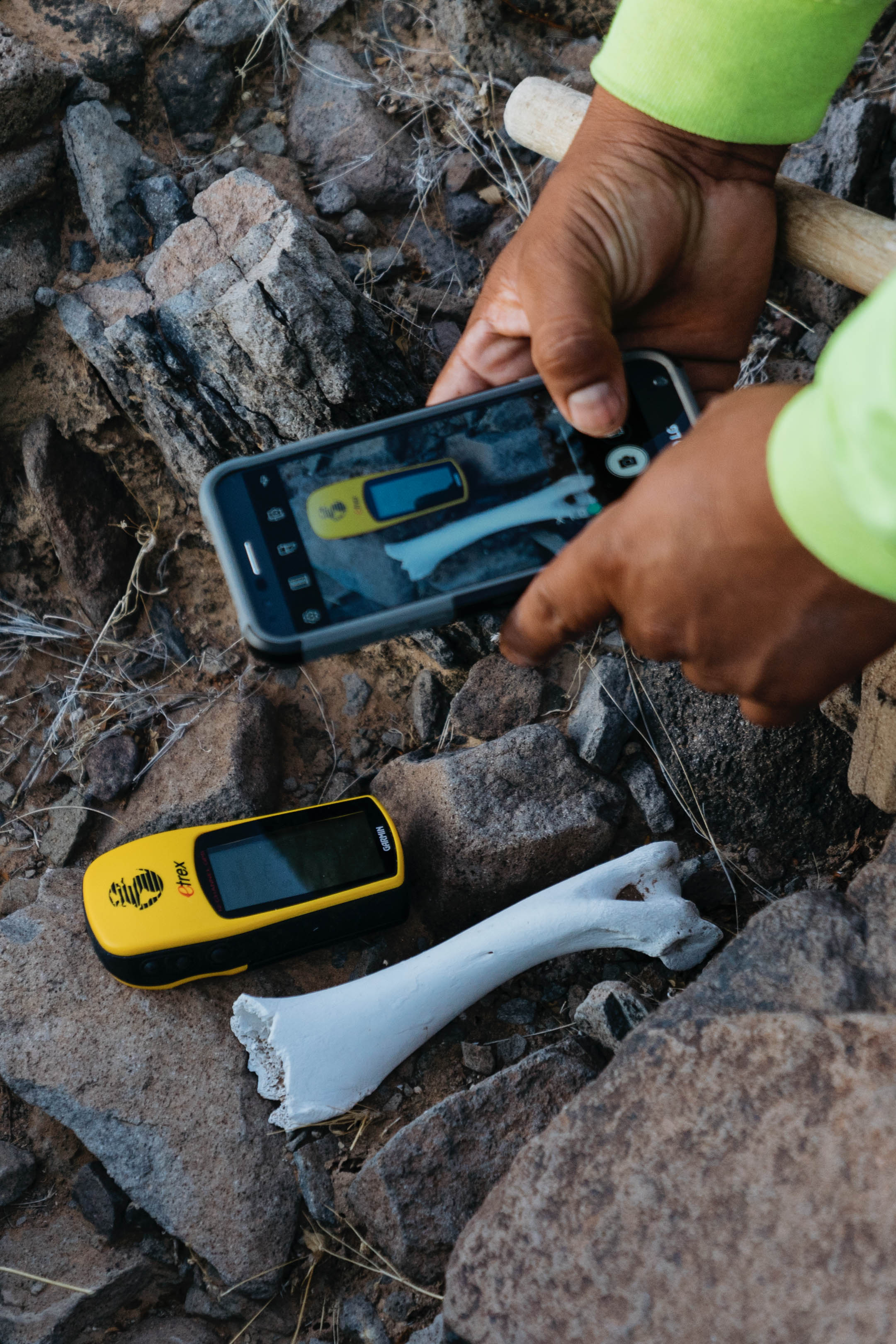 An Aguilas Del Desierto volunteer photographs GPS coordinates of an unidentified bone located in the Sonoran Desert. Because human remains can be the scene of a crime, volunteers photograph and document the locations of any remains and report the information to Border Patrol.