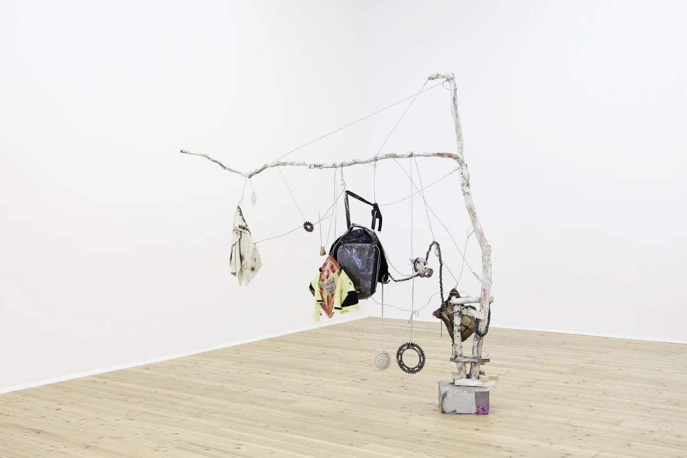 SOULUTION 2010 Wood, concrete, fabric, yarn, metal, chains, picture frame, bag, paint, soap, ceramics, polystyrene, dried orange 223 x 222 x 64 cm / 87.7 x 87.4 x 25 in