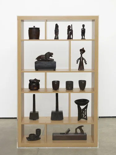 Untitled: Asymmetrical Shelf Display No. 4 2013 Antique wooden artefacts displayed upon wood-effect support, perspex case 162 x 102 x 31 cm 