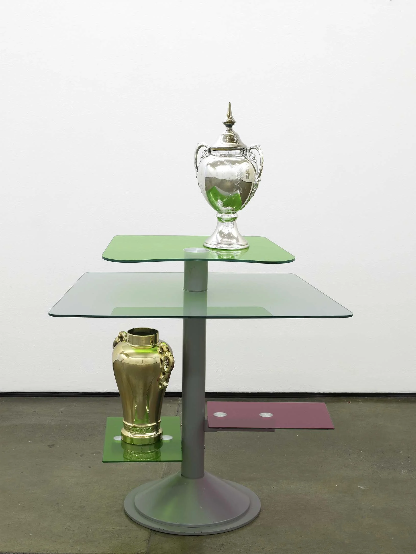 Matthew Darbyshire Untitled Homeware No. 15 2011 chromed gold and silver urns, coloured glass gels, glass and steel support 130 x 90 x 60 cm 