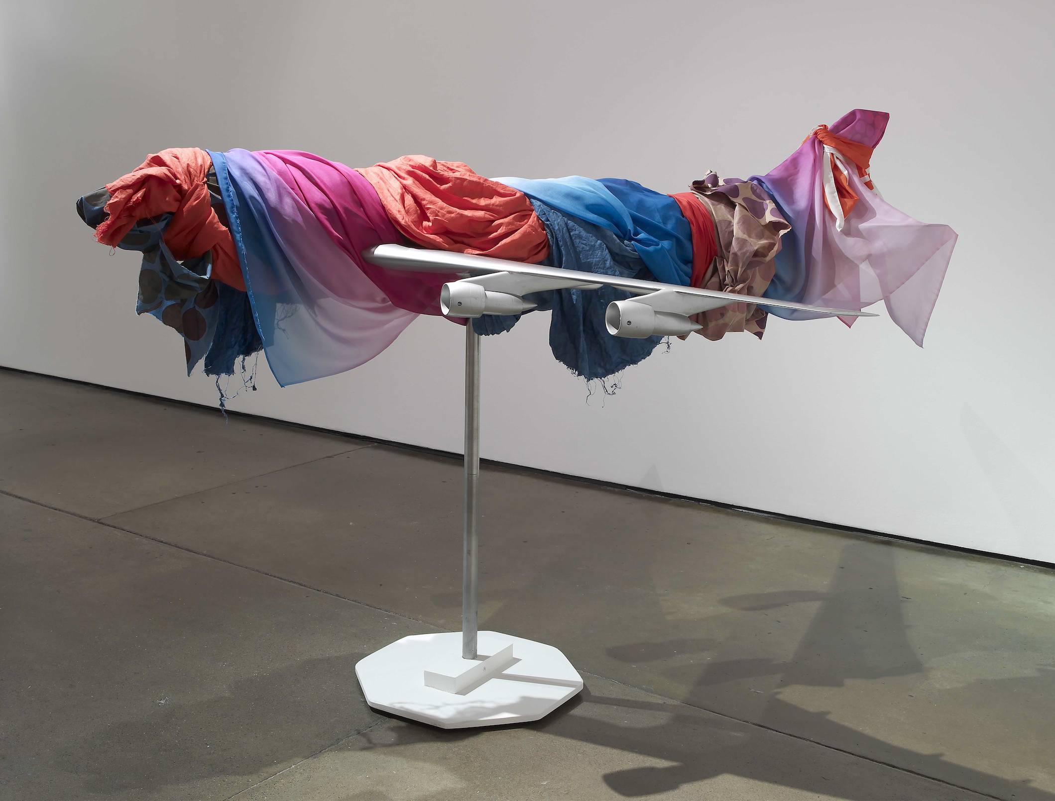      Pink Elephant   2010   Fabric, scale model airplane, stand   152.5 x 218.5 x 190.5 cm / 60.5 x 86 x 75 in  