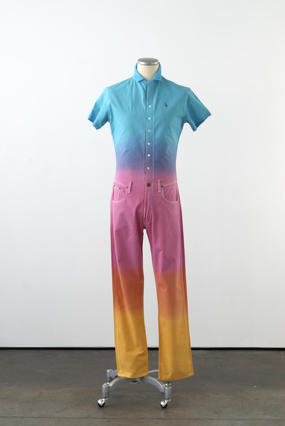     Matthew Darbyshire Standardised Production Clothing, Version 6 2009 Dip dyed calico, cotton jersey &amp; fittings on mannequin 185 x 45 x 34 cm 