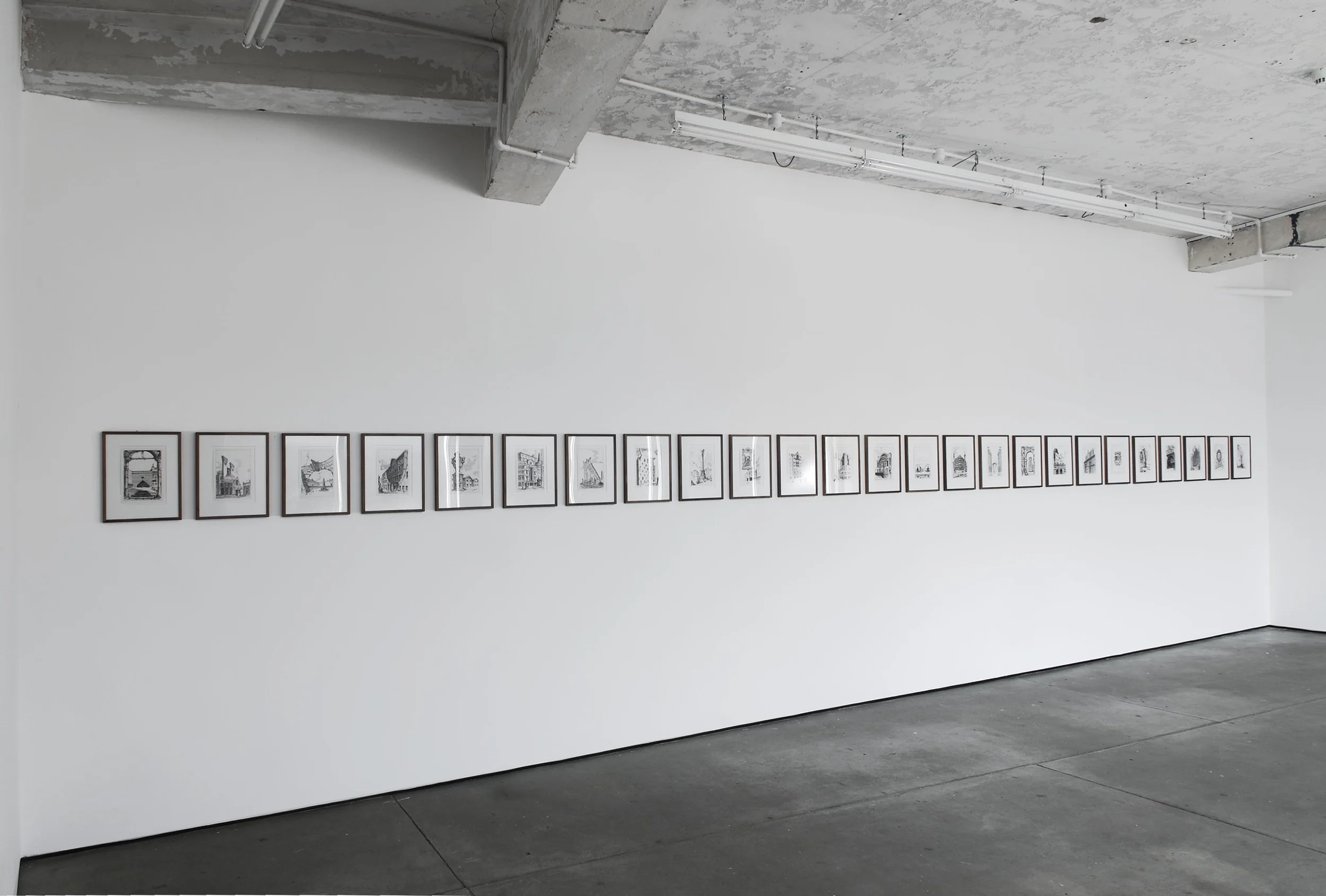 Pablo Bronstein Postmodern Architecture in London 2007 ink on paper, framed 25 parts, each part 37.5 x 30.5 cm framed