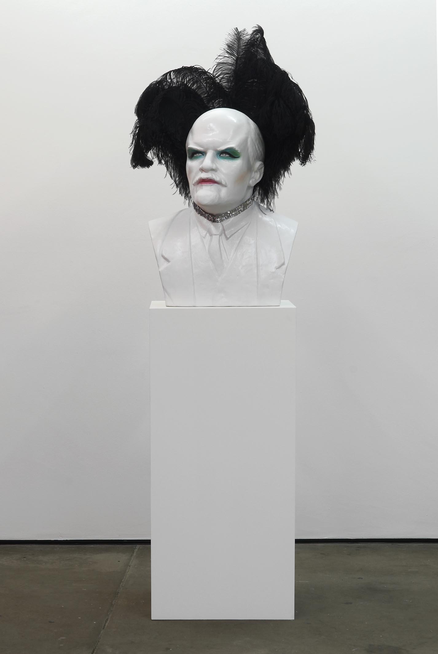     Diana (At the Frontier) 2008 ostrich feathers, sequin collar, ceramic bust and plinth 100 x 64 x 48cm    