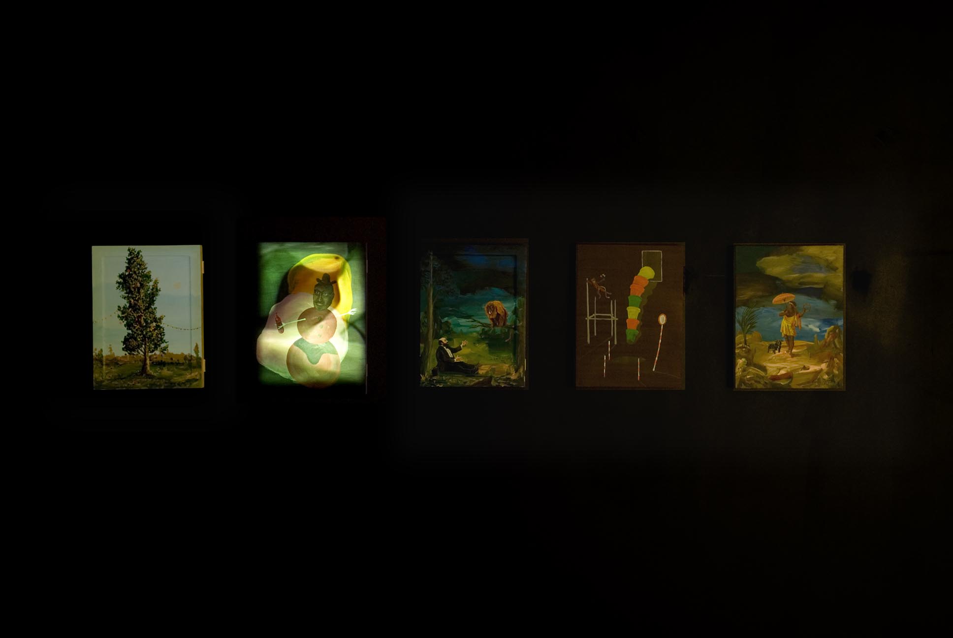     Untitled (Djordje Ozbolt) 2008 Flash Animaton Video Projection and 5 Paintings (Acrylic on Board)  Dimensions Variable 