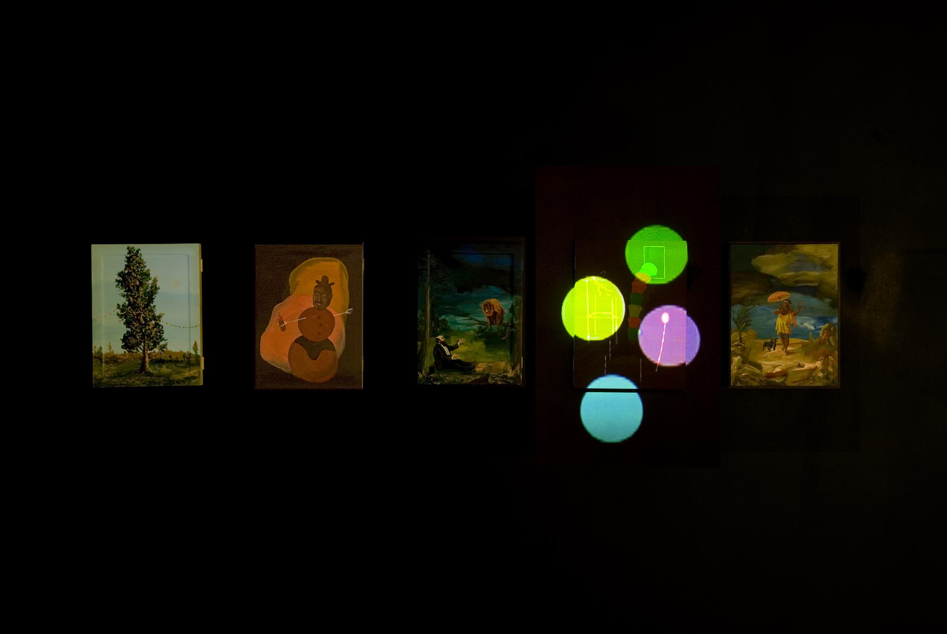     Untitled (Djordje Ozbolt) 2008 Flash Animaton Video Projection and 5 Paintings (Acrylic on Board)  Dimensions Variable 