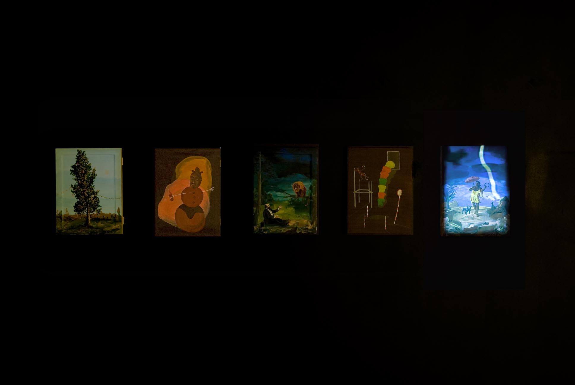      Untitled (Djordje Ozbolt)   2008   Flash Animaton Video Projection and 5 Paintings (Acrylic on Board)    Dimensions Variable  