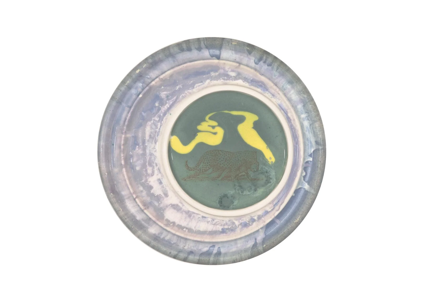 Bad cat 2 2002 slip decorated earthenware with photoceramic transfer 21.7cm diameter x 2 cm
