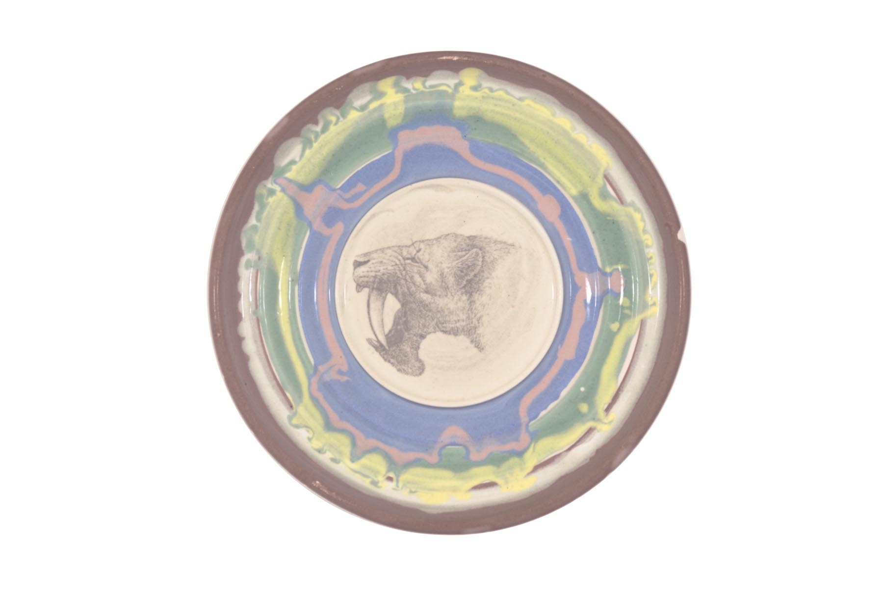      Barbourofelis   2002   slip decorated earthenware with photoceramic transfer   23cm diameter x 2 cm  