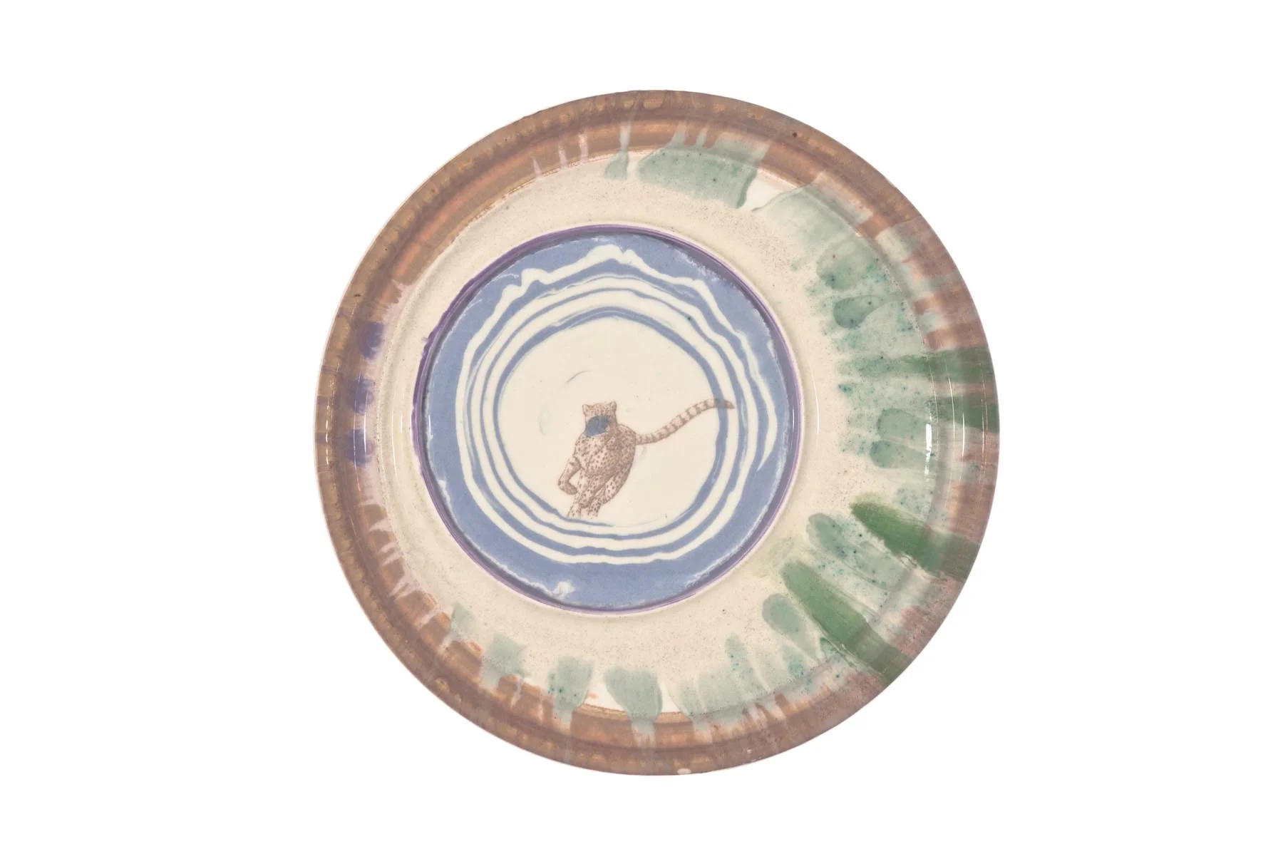Running cheetah 2002 slip decorated earthenware with photoceramic transfer approx 20cm diameter x 2 cm