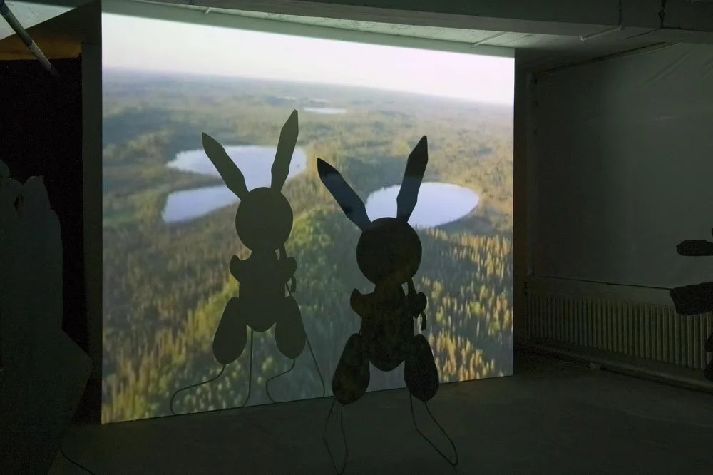 Around, About Expanded Field Sculpture Silhouette Props: (J. Koons 'Rabbit' 1986) 2007 Projection, MDF, Paint, Steel stands