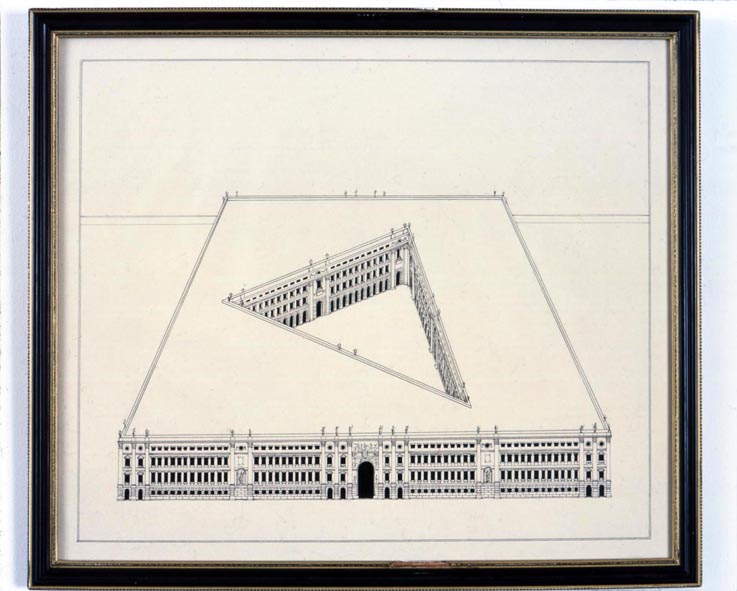     Large Building with Courtyard 2005 ink on paper in artist’s frame 44.5x50.5cm    