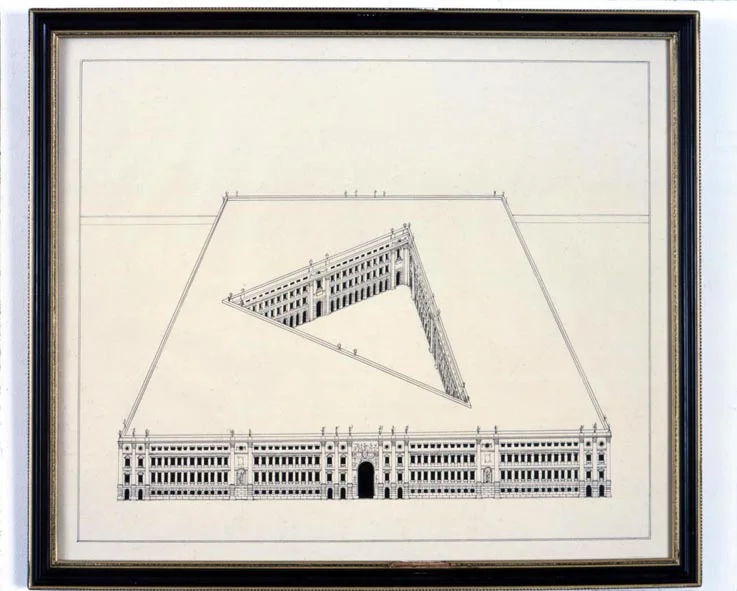 Large Building with Courtyard 2005 ink on paper in artist’s frame 44.5x50.5cm