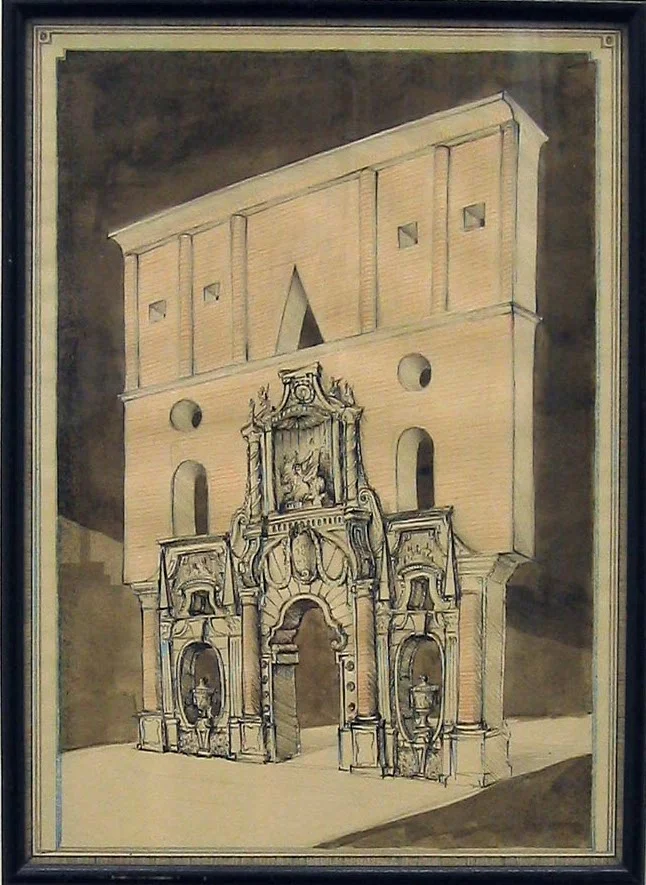 Triumphal Arch in the Style of Juvarra & Leon Krier 2006 ink & gouache on paper in artist’s frame 22cmx31cm